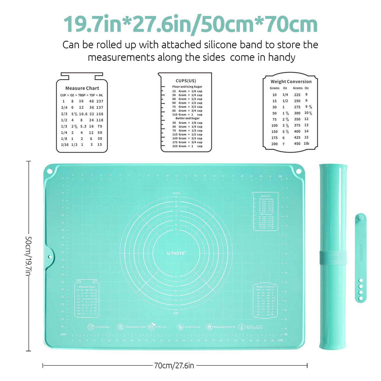 U-Taste 28"x20" Large Pastry Mat: Food-Grade Liquid Silicone Dough Rolling Baking Sheet, Non-Stick Non-Slip for Kneading, Making Pizza, Fondant, Pie with Clear Measurement and Raised Edges (Aqua Sky)