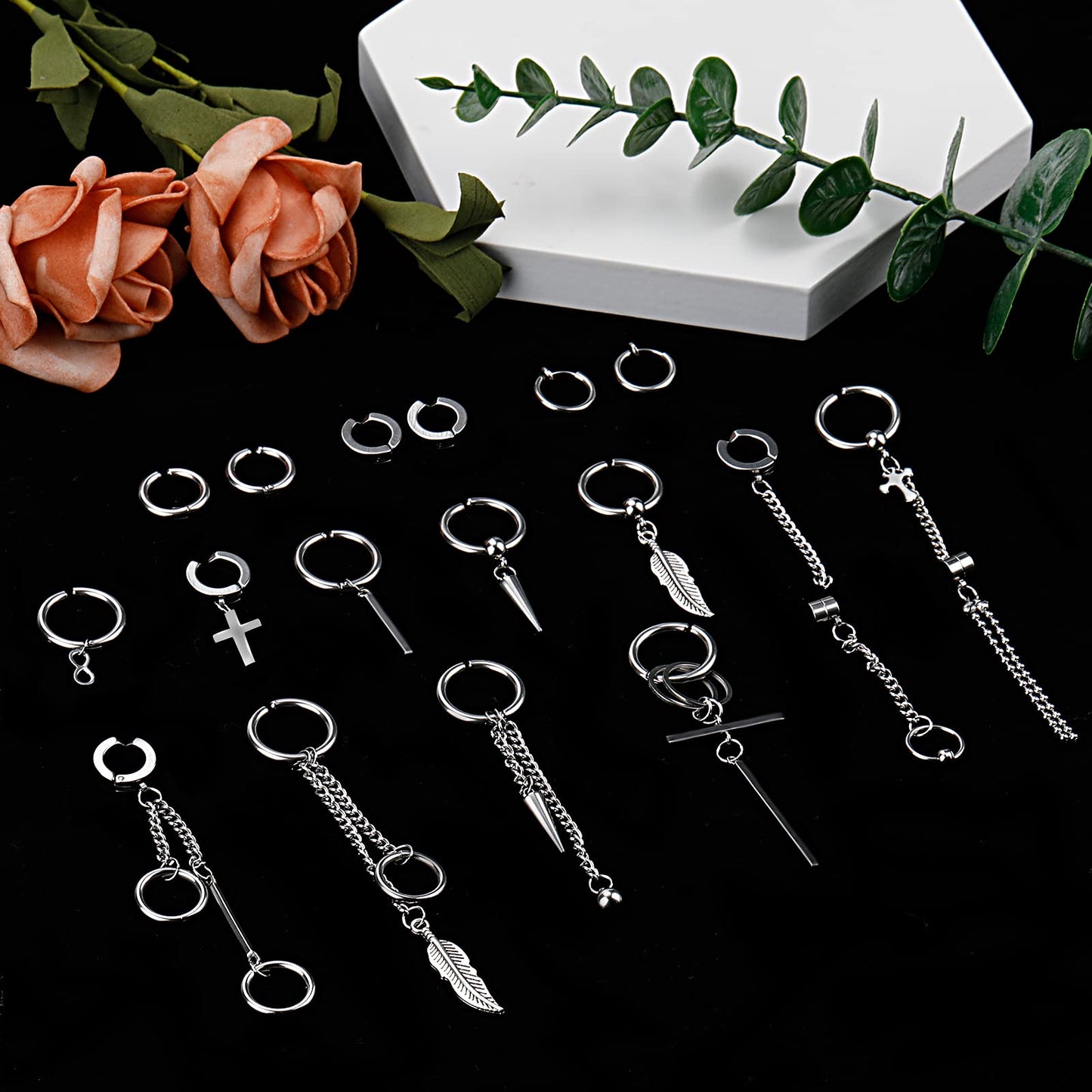 ONESING 20 Pcs Clip On Magnetic Earrings - Dangle, Hoop, Sterling Silver Stainless Steel Non-Pierced Fake Earrings