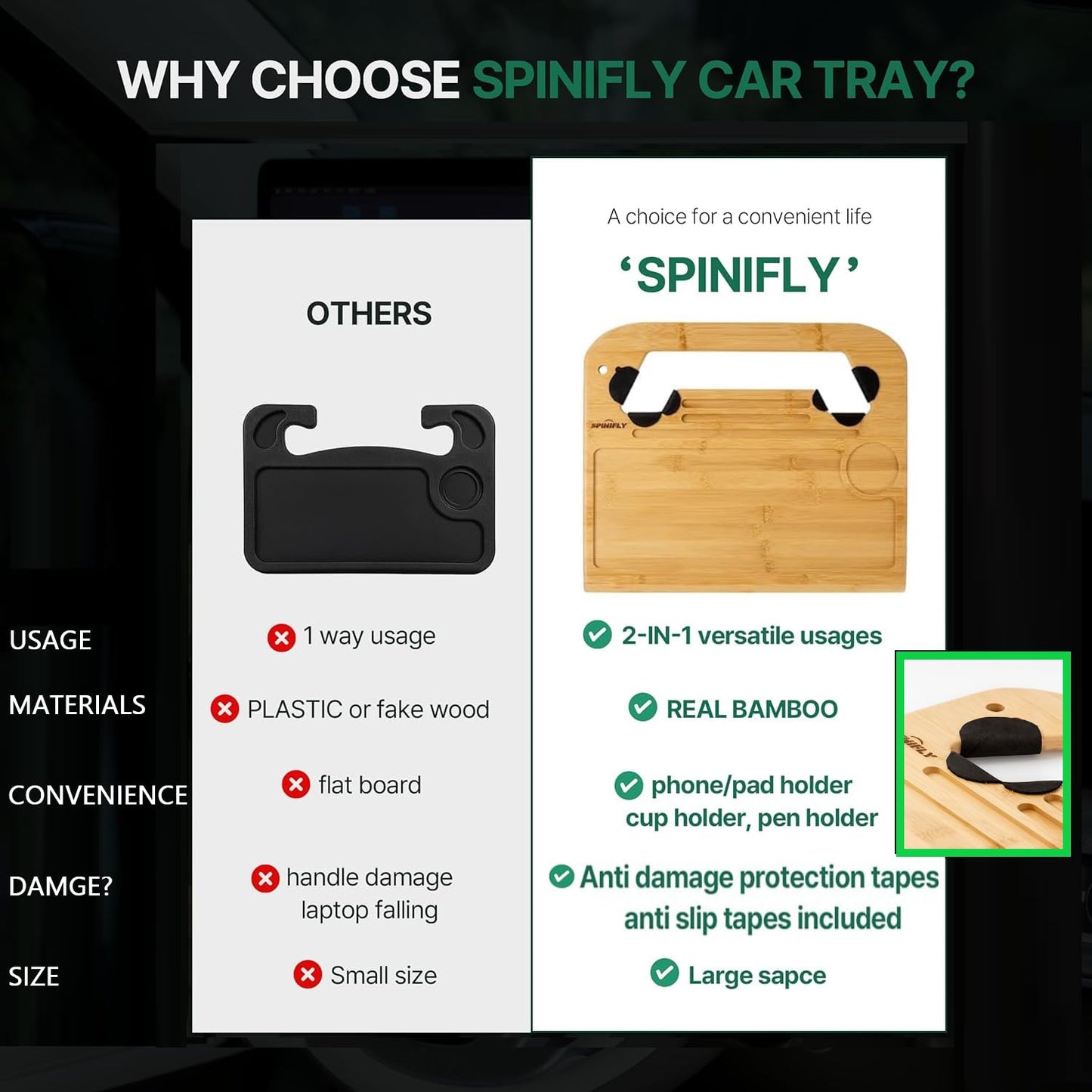 SPINIFLY 2 in 1 Steering Wheel Tray – Car Tray & Food Table – Car Essentials Double Sided Bamboo Car Desk for Laptop, Eating & Reading – Fits up to 17" Laptop