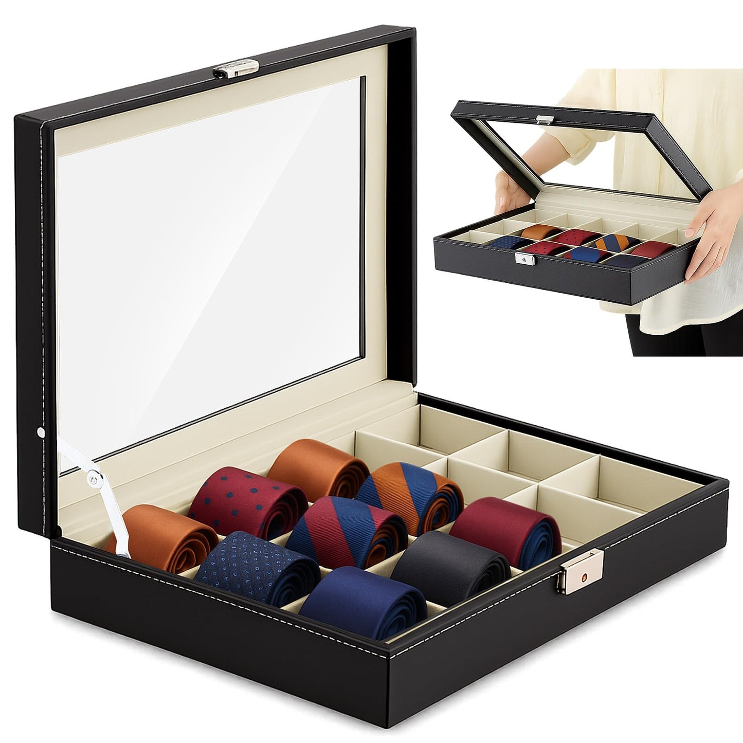 AceOrbit Luxury Tie Display Case with Glass Lid – 15 Slot Organizer for Men's Ties & Accessories, Lockable Dresser Storage Box, Elegant Gift for Husband or Father