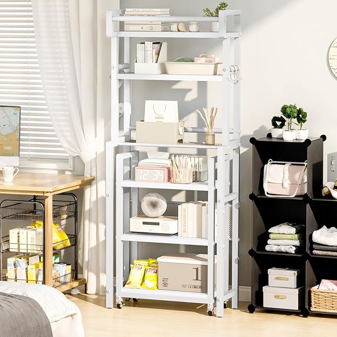 Recaceik 6-Tier Over The Toilet Storage Shelf with Cart, Freestanding Above Toilet Shelf Rack, Farmhouse Bathroom Organizer Shelves, Space Saver (White)