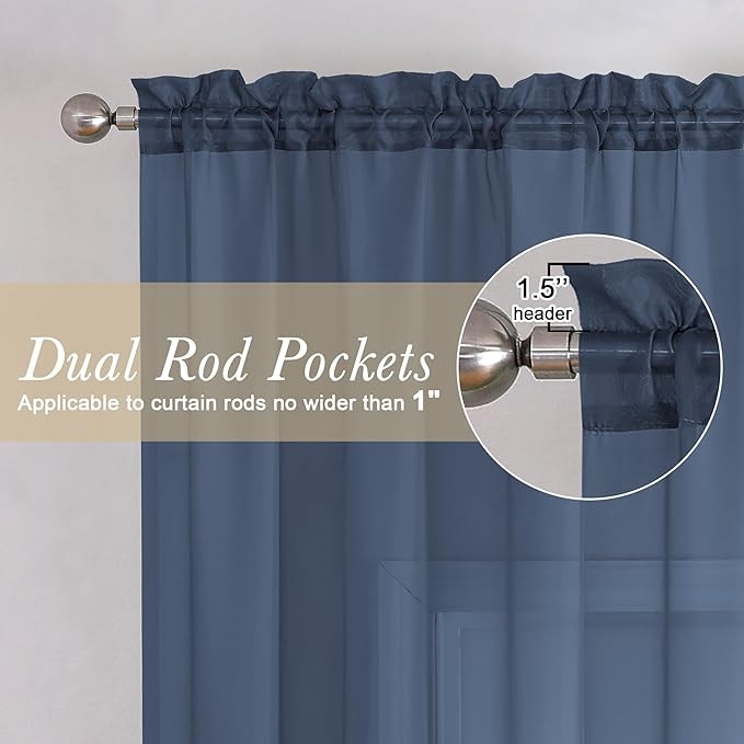 Lecloud Sheer Curtain Panels Set 96" Inches Long, Solid Voile Light Filtering Airy Curtains Window Treatment Drapes for Living Room, 2 Panels Elegant Bedroom Sheer Curtains, Navy Blue, 40" Wx96 L