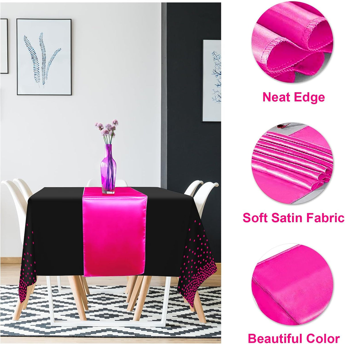 8Pack Disposable Plastic Party Tablecloths and Satin Table Runner Set Black Hot Pink Dot Table Cloth Hot Pink Satin Table Runner for Wedding Birthday Baby Shower Anniversary Holiday Party Decorations