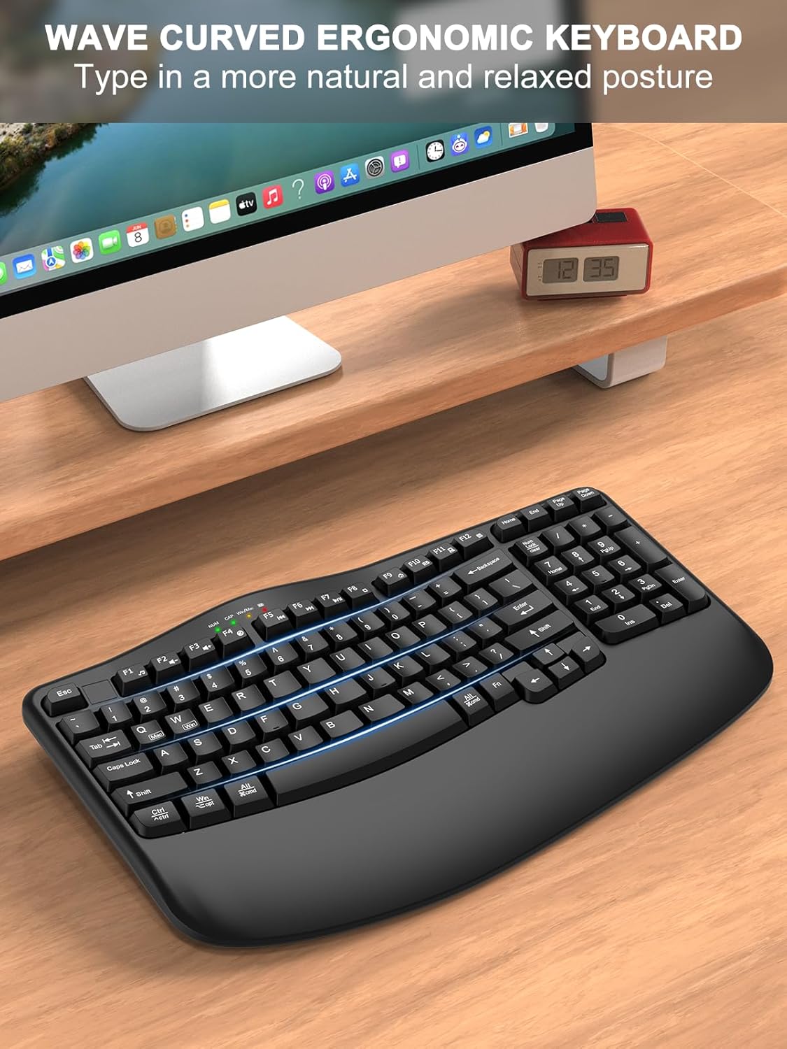 EDJO Ergonomic Wireless Keyboard with Wrist Rest, Wave Keys, Comfortable Natural Typing, 2.4GHz Ergo Wireless USB Computer Keyboard for Multi-OS, Windows, Mac OS, Laptop, PC (Black)