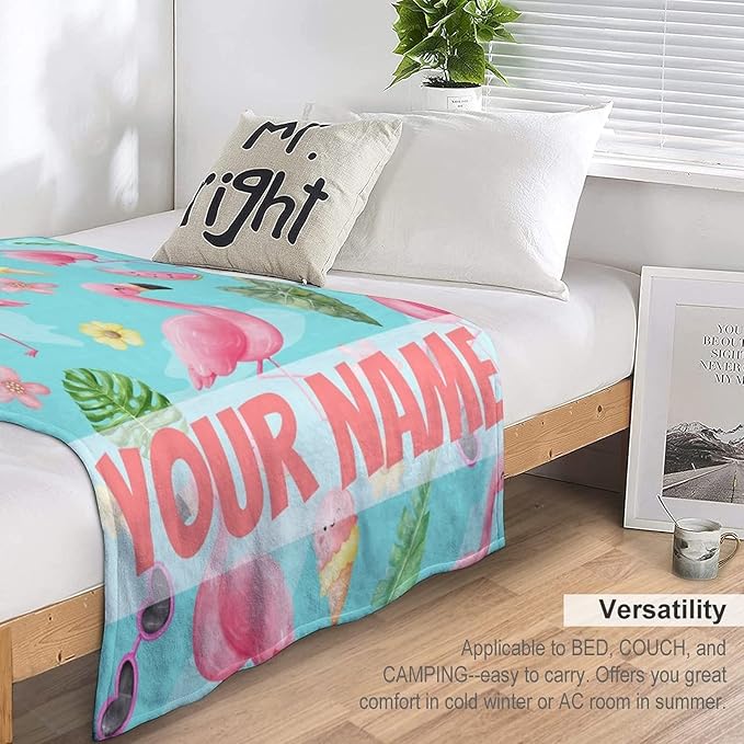 Custom Flamingo Blankets Gifts with Name - 50 x 60 Inches Cute Throw for Teens - Green Fluffy Warm Cozy Flamingo Blankets for Couch