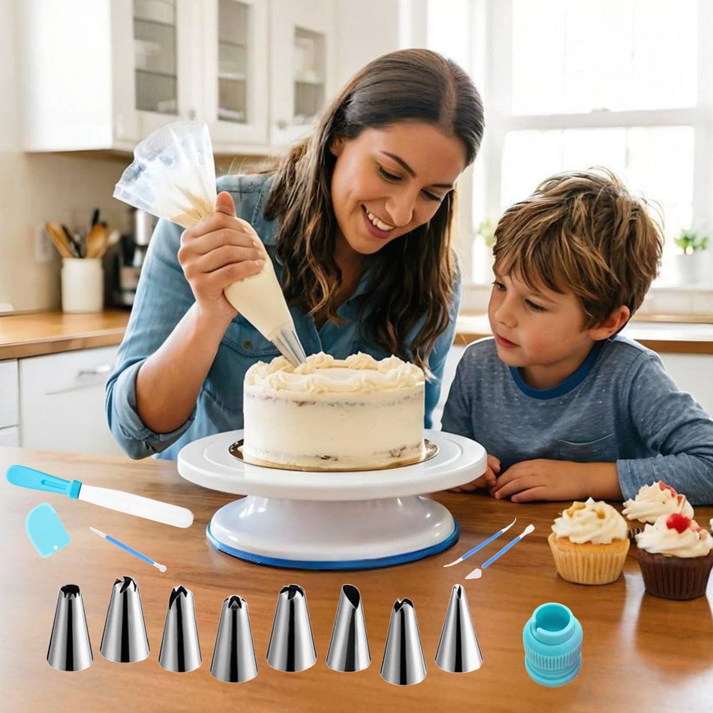 YOQXHY Cake Decorating Kit, 248 Pcs Baking Supplies Tools with Cake Turntable, Leveler, 24 Numbered Icing Tips, 2 Spatulas, 3 Scrapers, 2 Couplers, 50 Cupcake Liners, 100 Pastry Bags & More, (Blue)