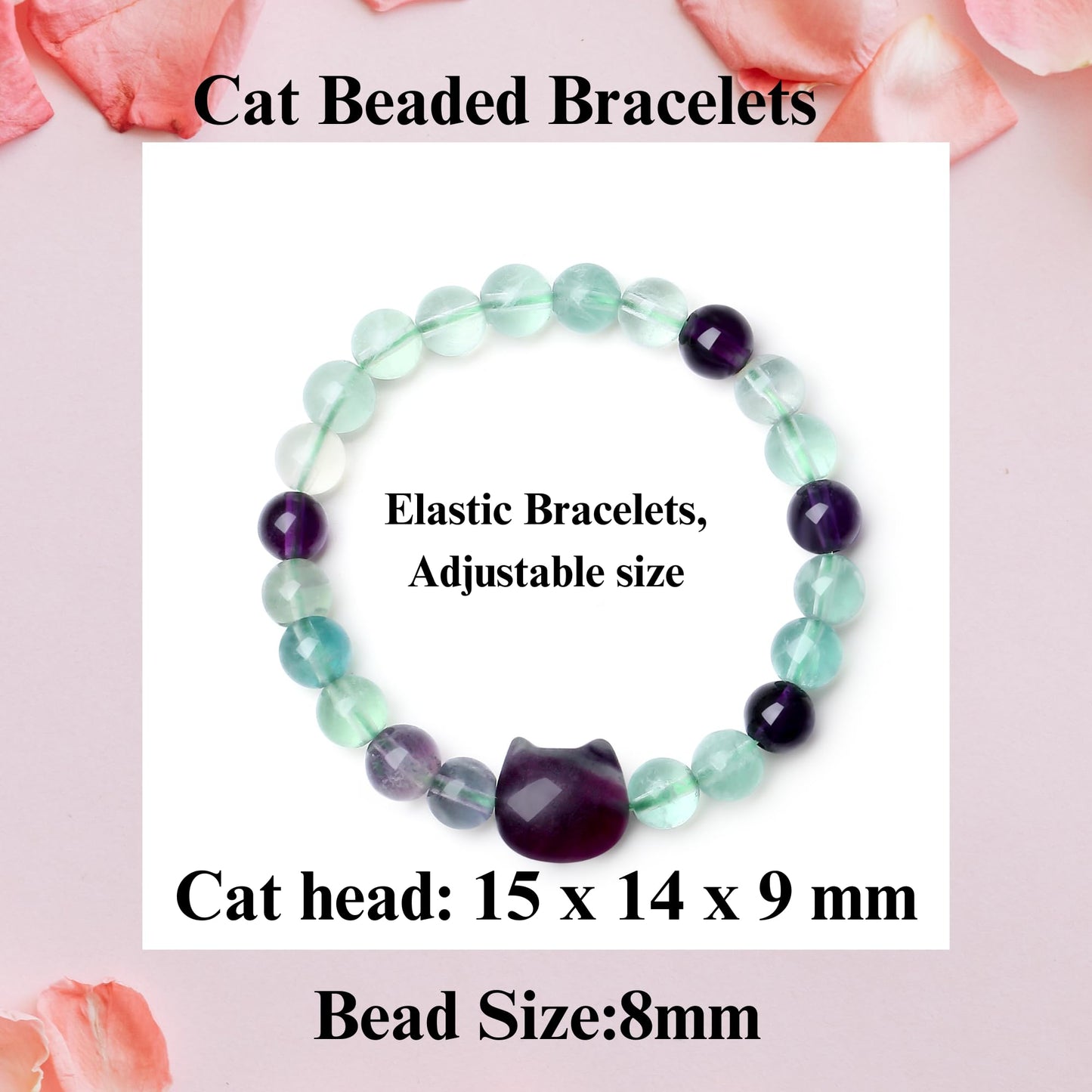 XIANNVXI Fluorite Bracelet for Women - Cute Cat Lover Gift - Natural Crystal Stretch Bracelet - 8mm Beaded Jewelry