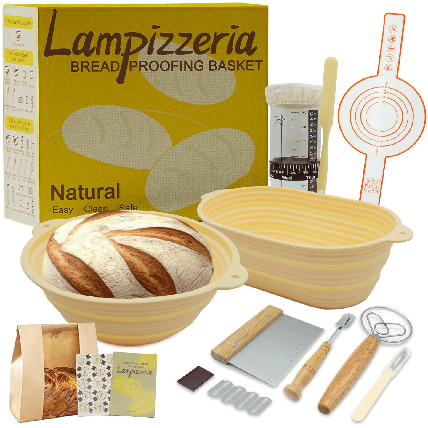 LAMPIZZERIA Silicone Proofing Basket Set Round & Oval - D'ita Collapsible Bread Banneton with Tools (Non-Stick, Easy Clean) Complete Baking Gift Kit Bread Proofing for Home Bakers