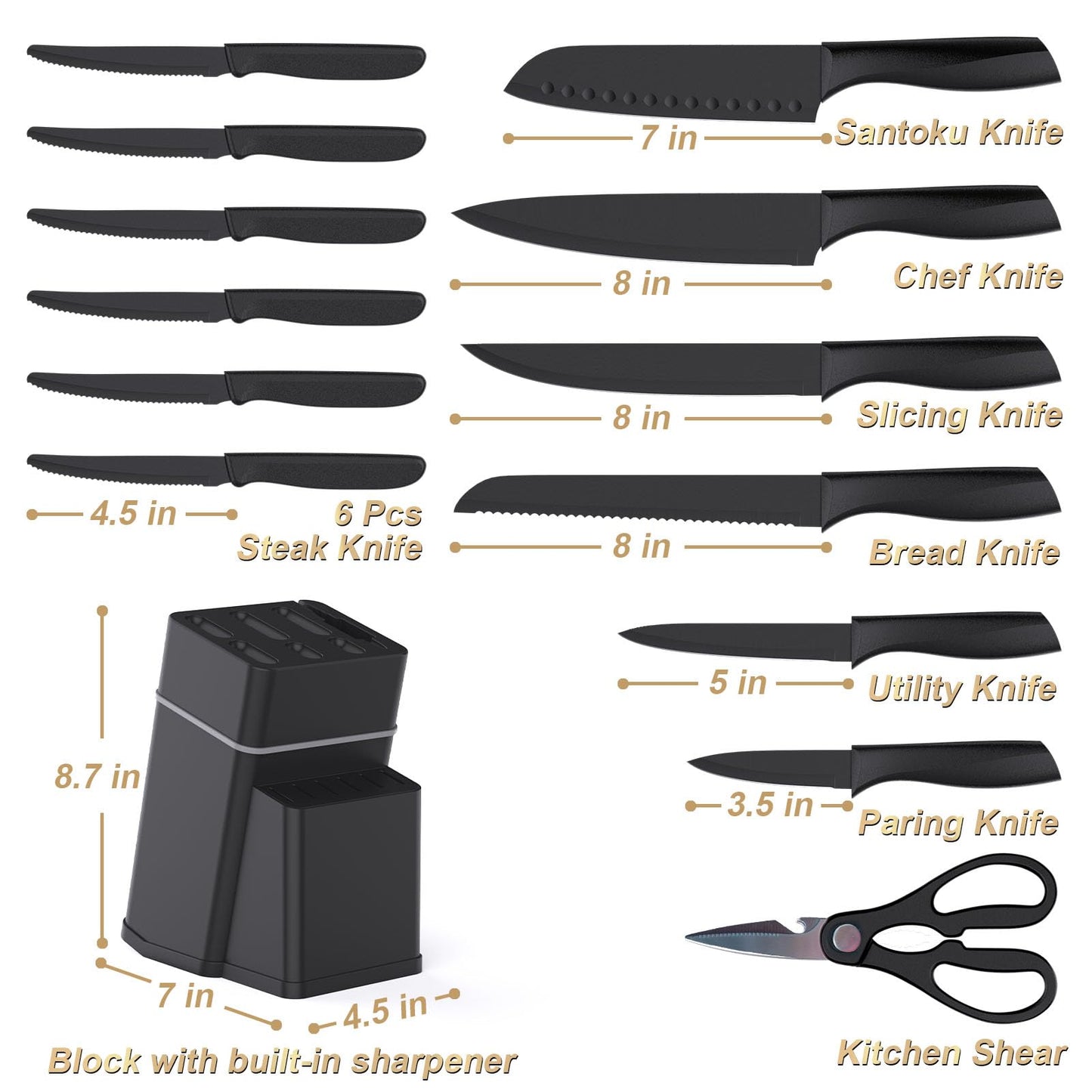 Kitchen Knife Set with Block - 15 Pieces Knife Sets with Built-in Sharpener, Dishwasher Safe, Stainless Steel Blades Kitchen Knives