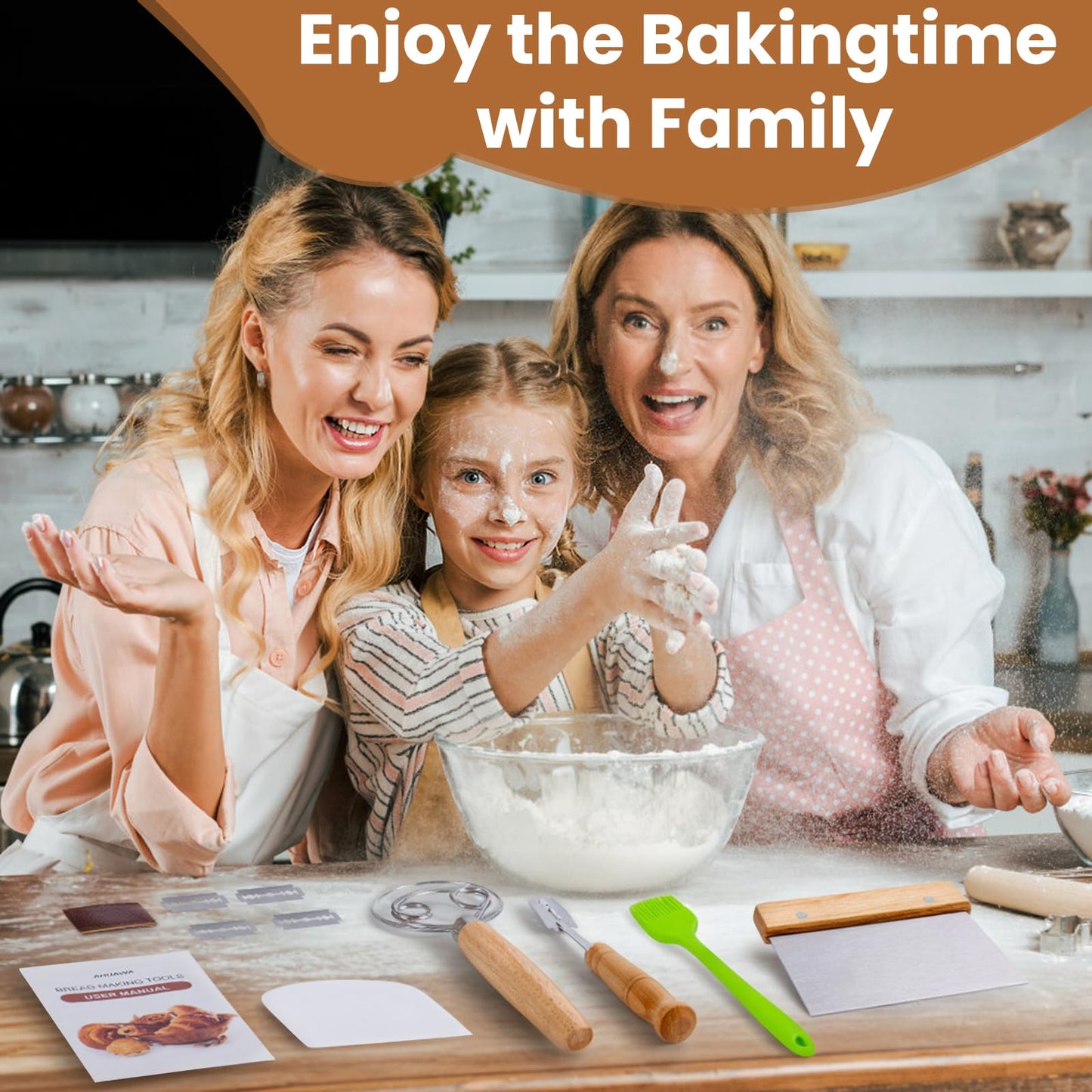 Danish Dough Whisk with Sourdough Scoring Tool, Bread Making Tools and Baking Supplies - Dough Hook Dutch Whisk, Bread Lame, Bench Scraper & Pastry Brush