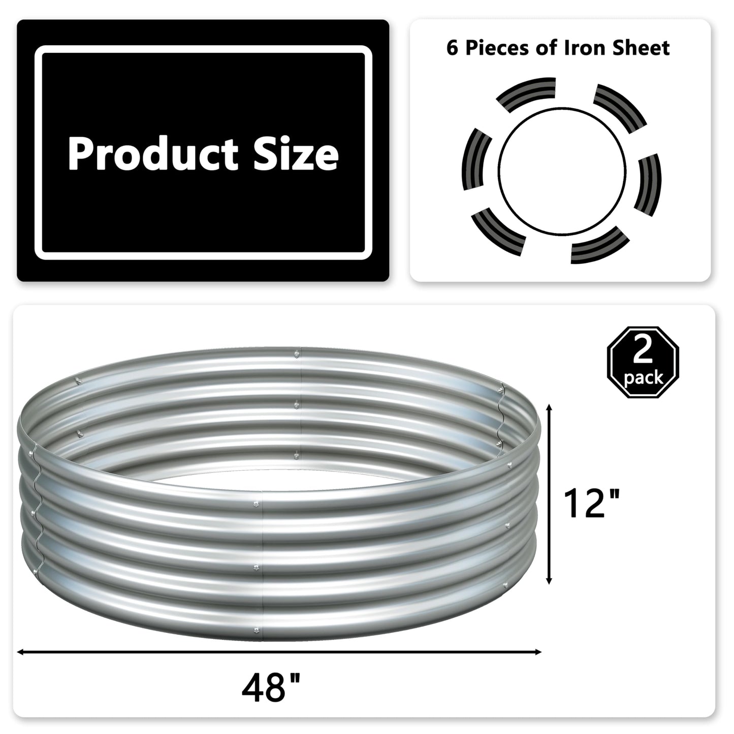 Foxlang 4x4x1ft(2 Pack) Galvanized Round Raised Garden Bed,Outdoor Planter Box Metal Patio Kit Planting Bed for Vegetables Flowers Herb,Silver