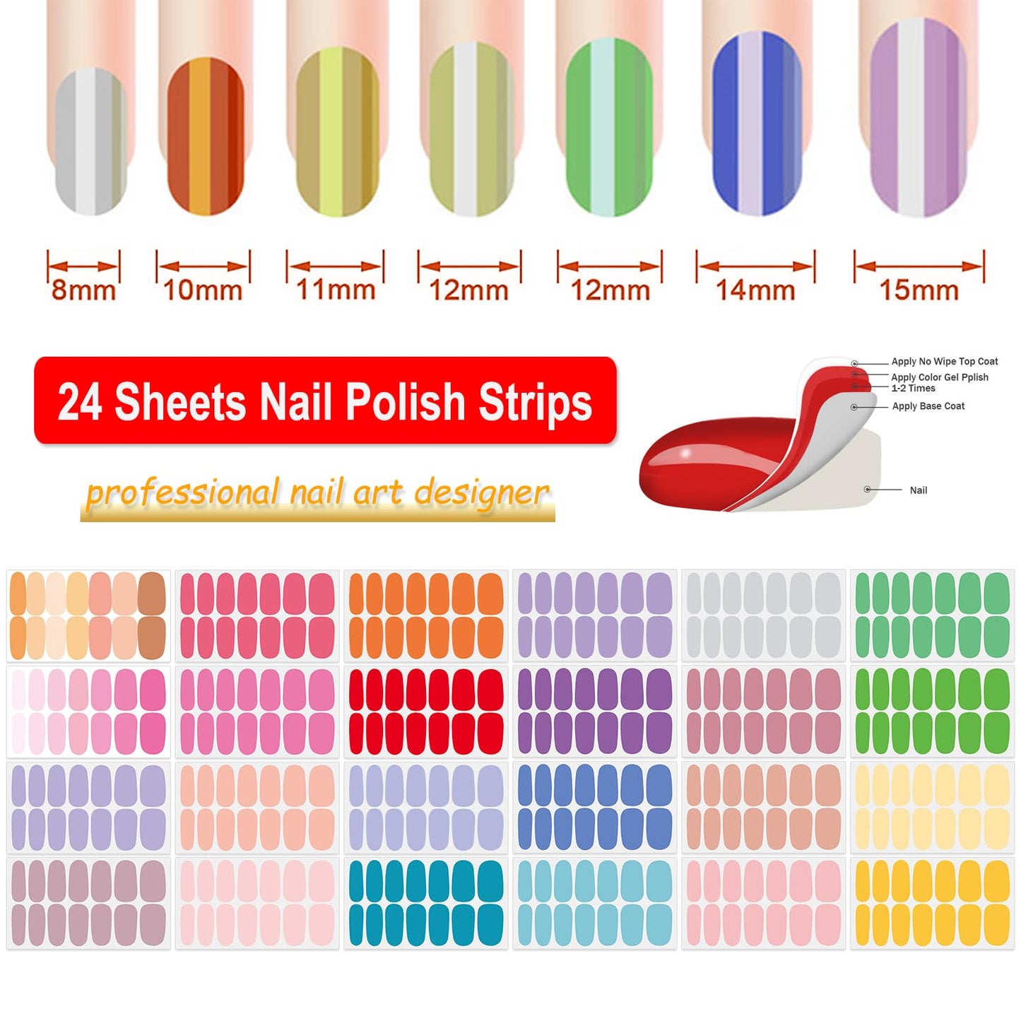 DANNEASY 24 Sheets Polish Stickers Full Wraps for Women Bright Candy Color Fingernails Self Adhesive Strips Gel Nail Strips With File, Cuticle Stick