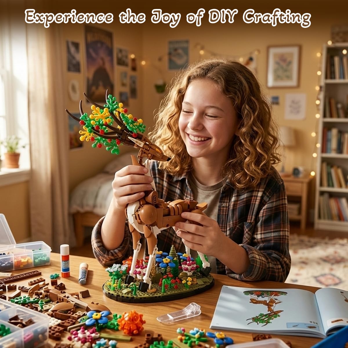 FIKAXTOY DIY Deer with Flowers Building Set, Animal & Plants Collection Model Kit, Nature Decor for Home Office Shelf, Collectible Craft for Adults & Teens