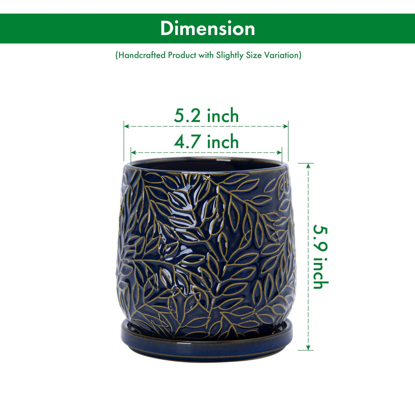 D'vine Dev 5 Inch Embossed Leaves Stoneware Planter Pot with Drainage Hole and Saucer, Midnight Blue, Set of 2, 27-F-V-3