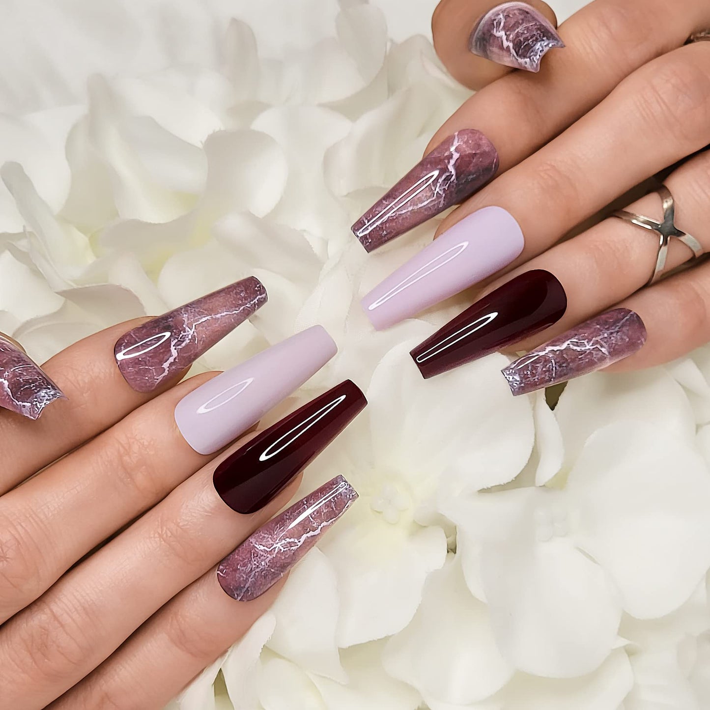 Hypnaughty 24 Pcs Bordeaux Marble Extra Long Coffin Press On Nails and Glue with Light Pink and Solid Bordeaux Reusable XL False Nails (Bordeaux Marble)
