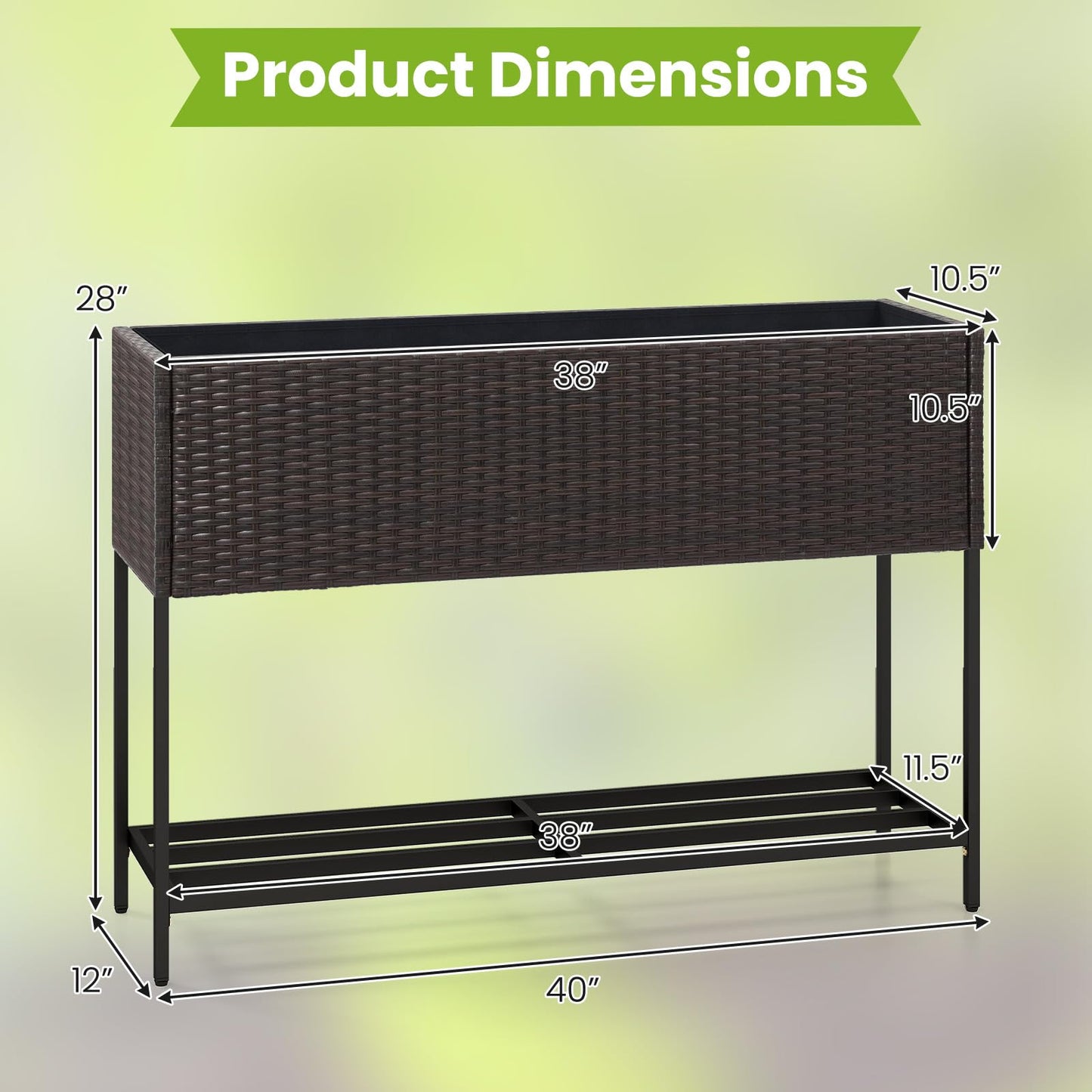 HAPPYGRILL Raised Garden Bed, Rattan Planter Raised Bed with Legs, Bottom Storage Shelf, Removable Liner, Drainage System, Wicker Elevated Planter Box w/Legs for Vegetables Flowers (40” x 12” x 28”)