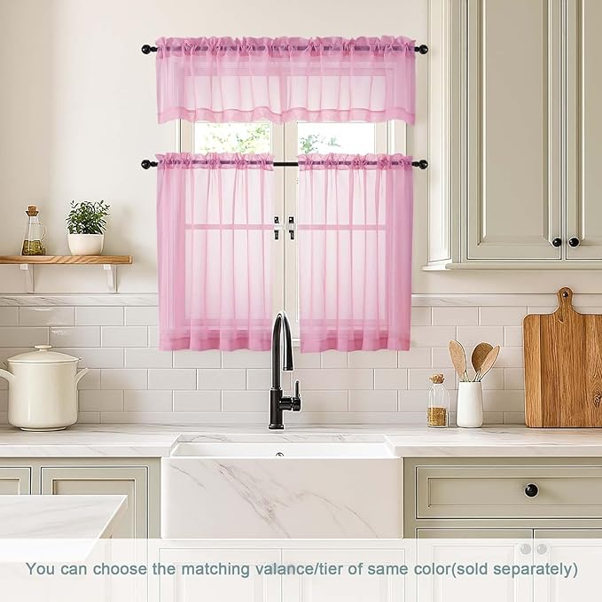 Light Pink Small Sheer Curtains 2 Panels Set, Kitchen Curtains 36 Inch Length, Elegant Light Filtering Short Window Drapes for Living Room Bedroom, Dual Rod Pocket Design, 2x42Wx36L Inches