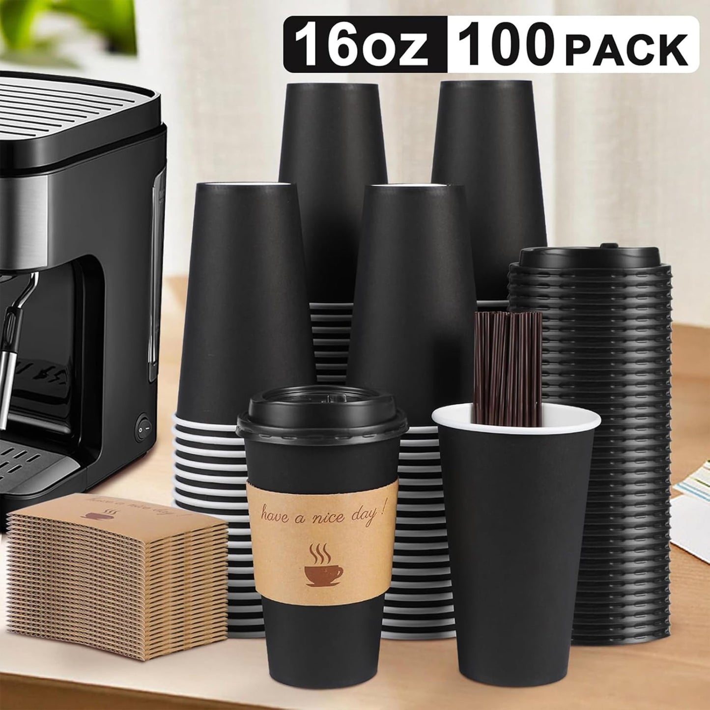 Clawsoff 100 Pack 16 oz Coffee Cups with Lids, Disposable To Go Paper Coffee Cups with Sleeves and Stirring Sticks for Hot/Cold Drinks Office Home Shop Event (Black)