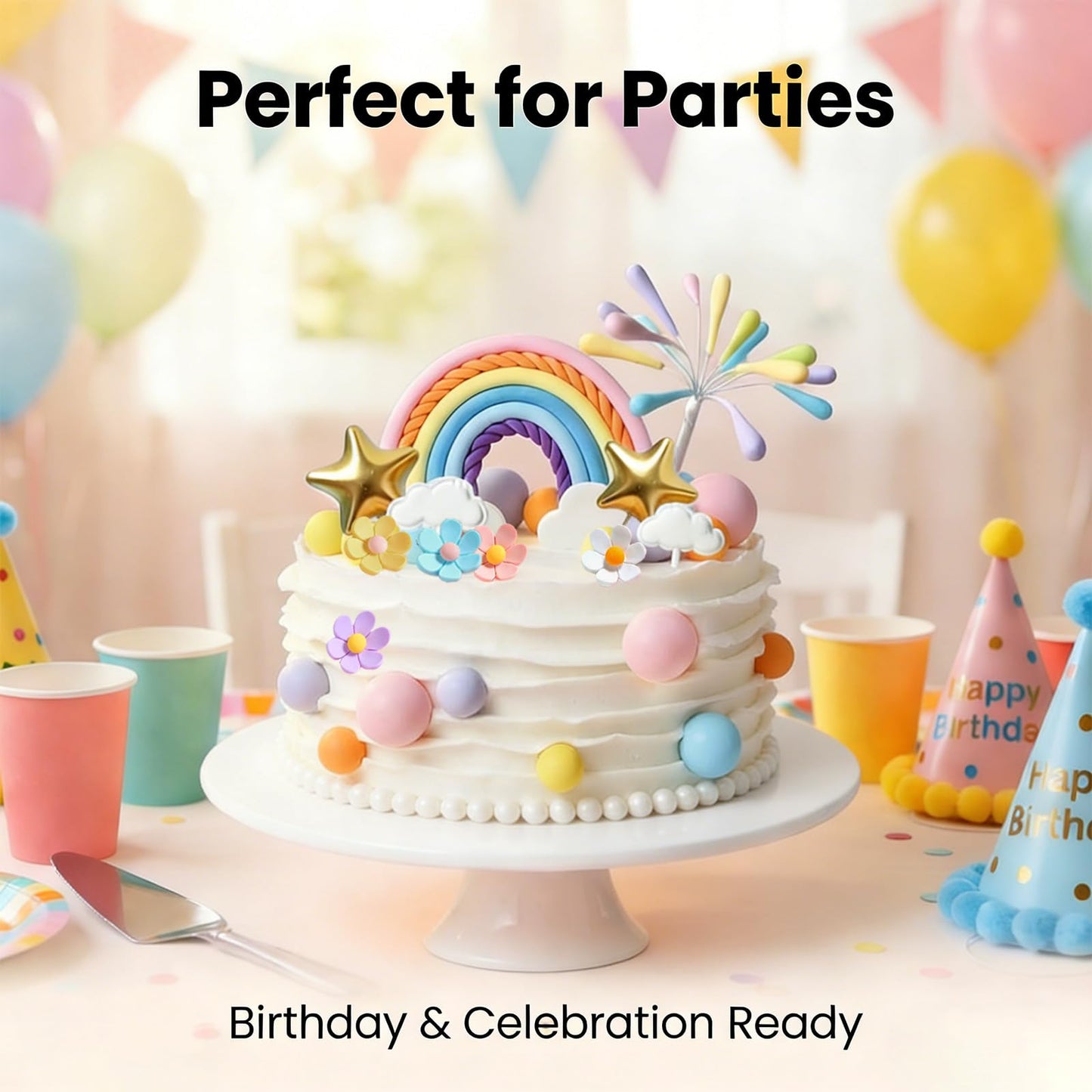Rainbow Cake Topper 39pcs Rainbow Cake Decorations with Pastel Balls Topper Daisy Flower Cupcake Decroation,Boho Party Decorations for Groovy Hippie Birthday Wedding Baby Shower Cupcake Decorations