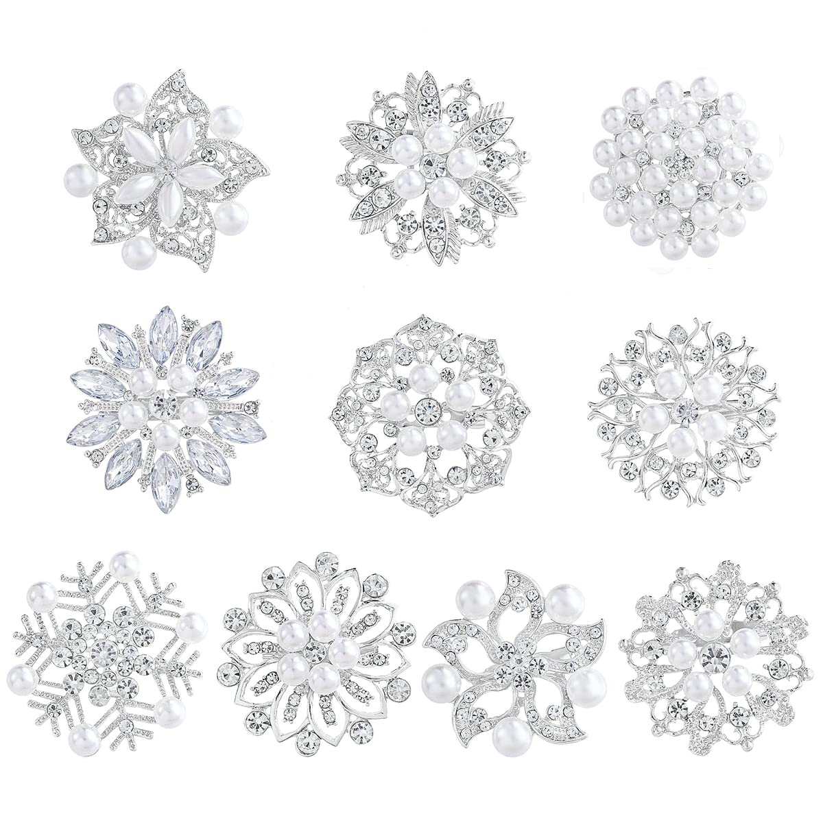 WeimanJewelry Silver/Gold/Rose Gold Plated Assorted Crystal Rhinestones Brooch Pins Set for DIY Wedding Bouquets Kit (Silver with pearls 10pcs)