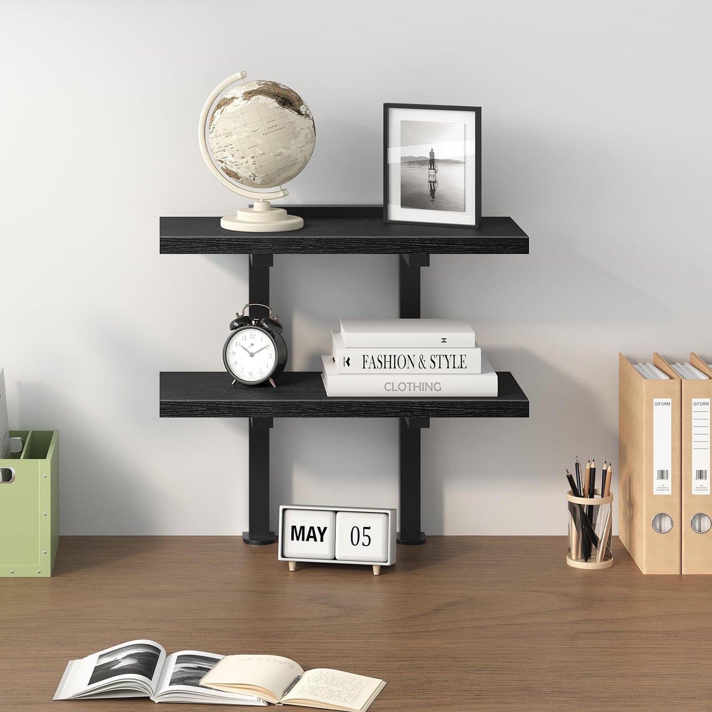 MAHANCRIS 5-Tier Bookshelf Bookcase and Clamp On Desk Organizer Bundle, Shelves Organizer for Small Spaces, 2-Tier Desktop Bookshelf, for Office, Study and Game Room, BKHB5501-DSBK3501