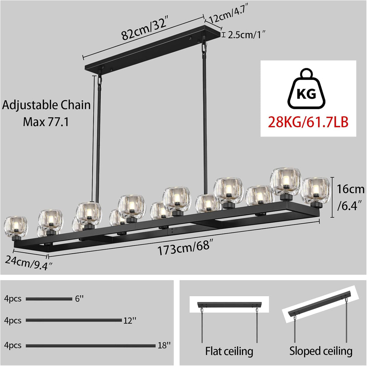 72 Inch Black Rectangle Wagon Wheel Chandeliers, Chandelier for Dining Room Over Table, Modern Crystal Long Chandelier for High Ceiling, Farmhouse Large Linear Chandeliers for Kitchen Island