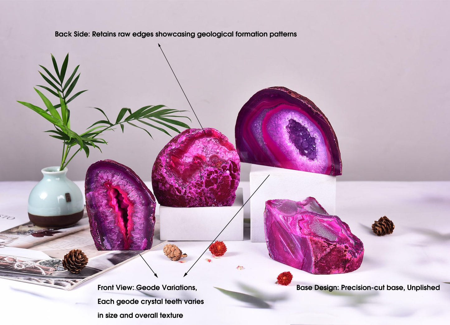 AMOYSTONE Small Agate Geode Ornament Natural Agate Stone Decor Pink 1-1.5 LBS, Irregular Crystal Rock for Home, Bedroom, Desk