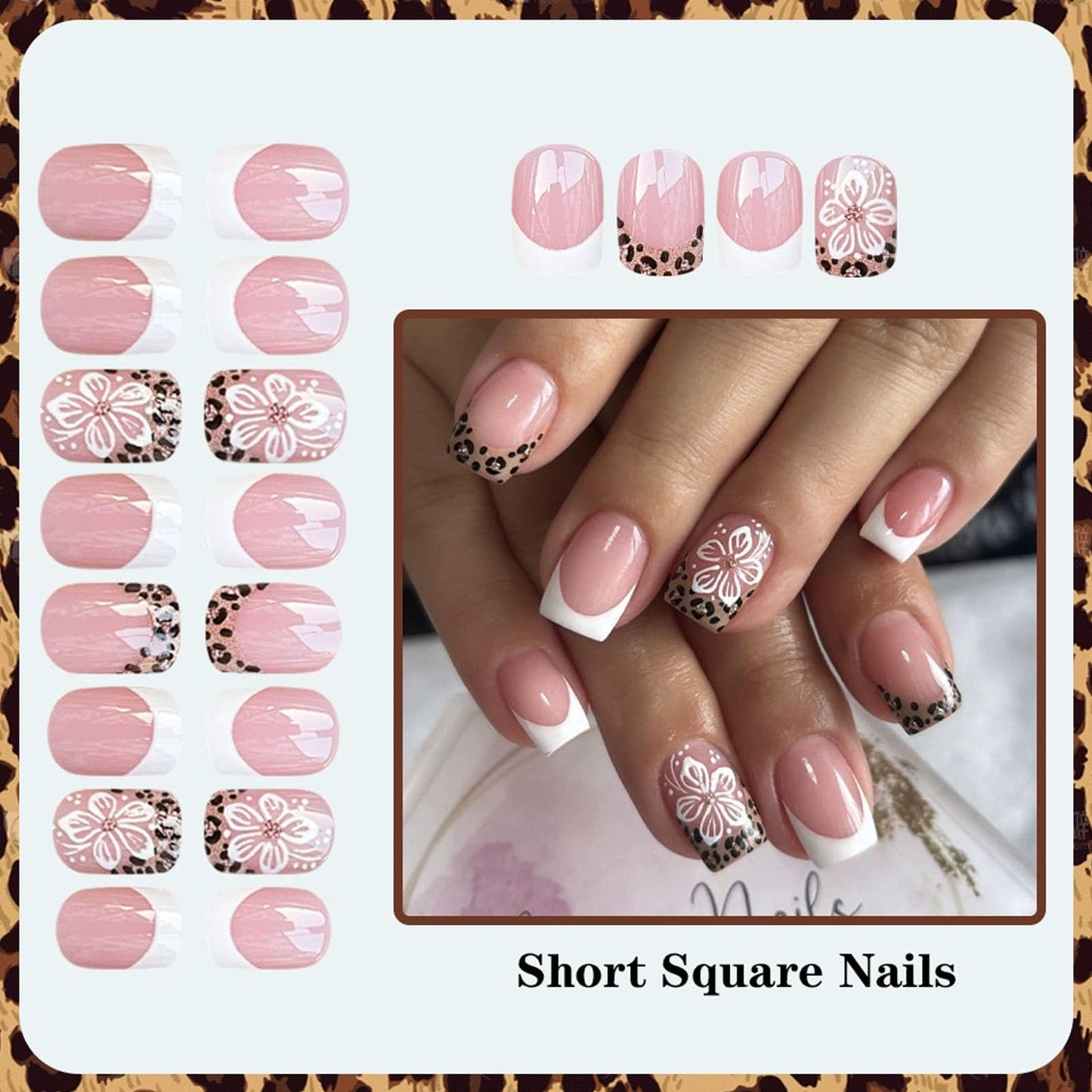 French Tip Press on Nails Short Square Fake Nails Pink Full Cover False Nail Press ons White & Leopard Print Glue on Nail with Flower Designs Glossy Artificial Acrylic Manicure Set for Women 24Pcs