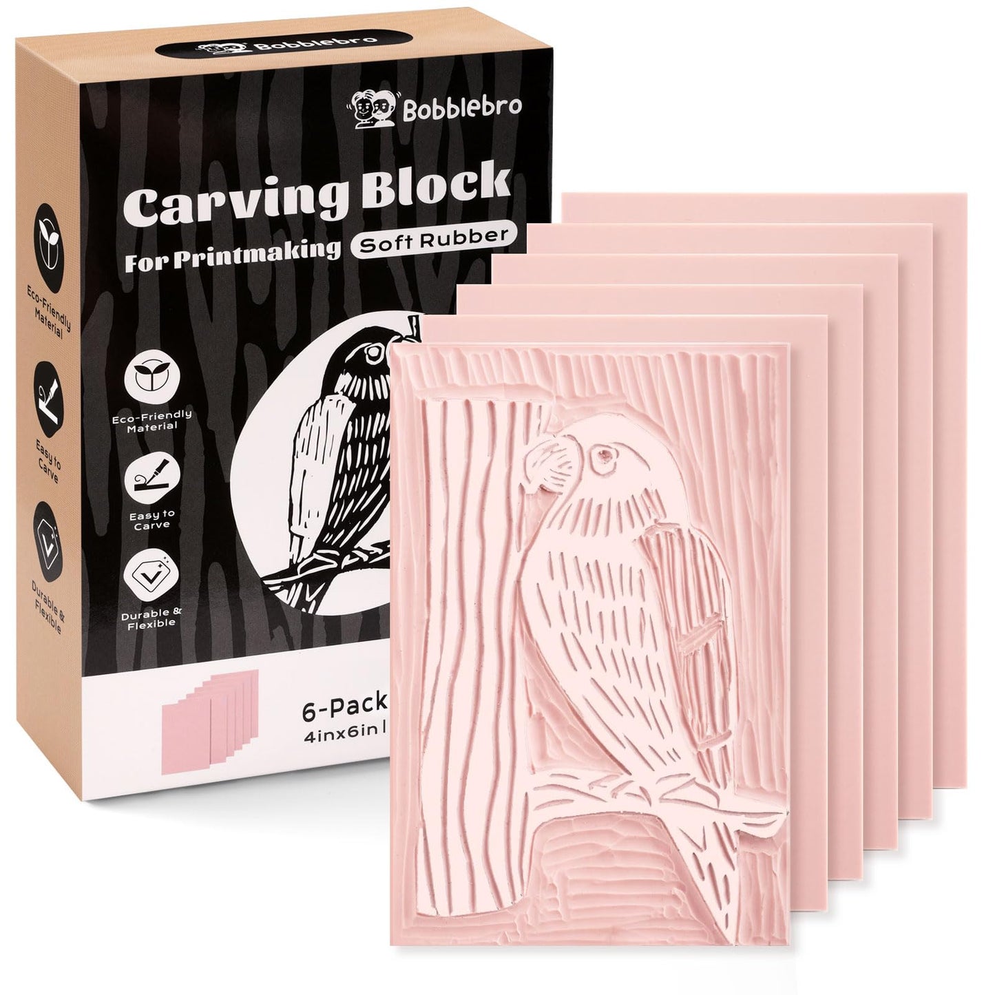 Bobblebro Linoleum Blocks for Printmaking Supplies - 6PCS 4”x6”Rubber Linocut Block Printing Kit for Stamp Carving, Soft Relief Printing Linoleum for DIY Crafts & Art Projects