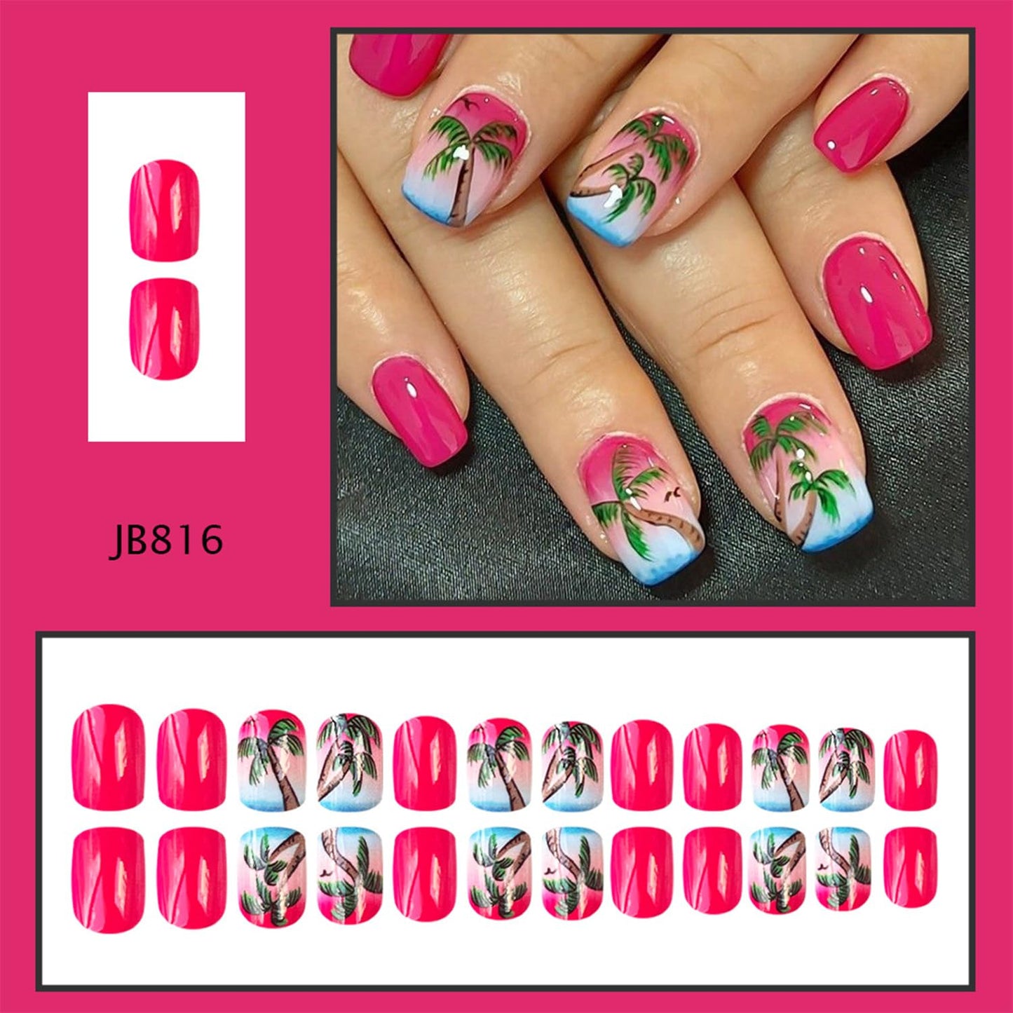Summer Beach Press on Nails Tropical Palm Tree Designs Pink Gradient Sunset Short Square Vacation Fake Nails Reusable Full cover Stick on False Nail Set for Women 24 Pcs