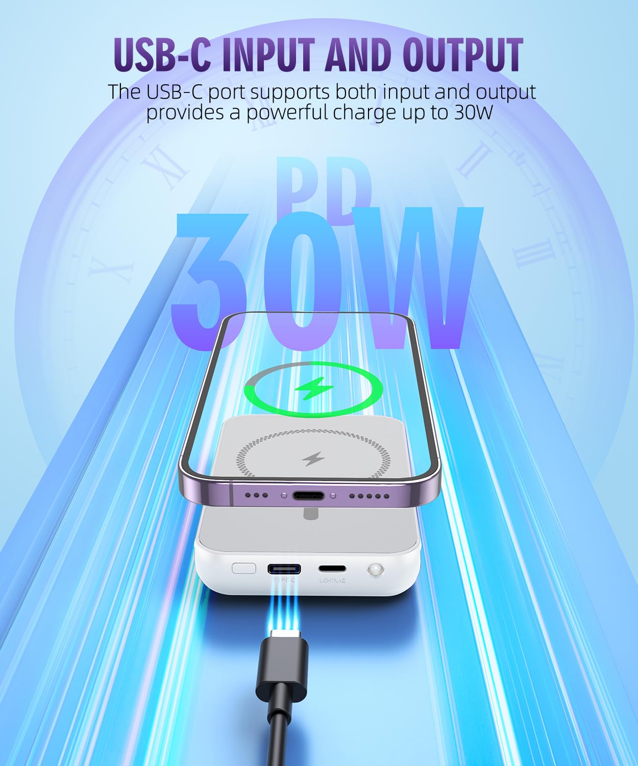for Magnetic Power Bank, 6800mAh Wireless Portable Charger with PD30W Fast Charging, Battery Pack Built-in 2 Output Cables for iPhone Series(Silver White)