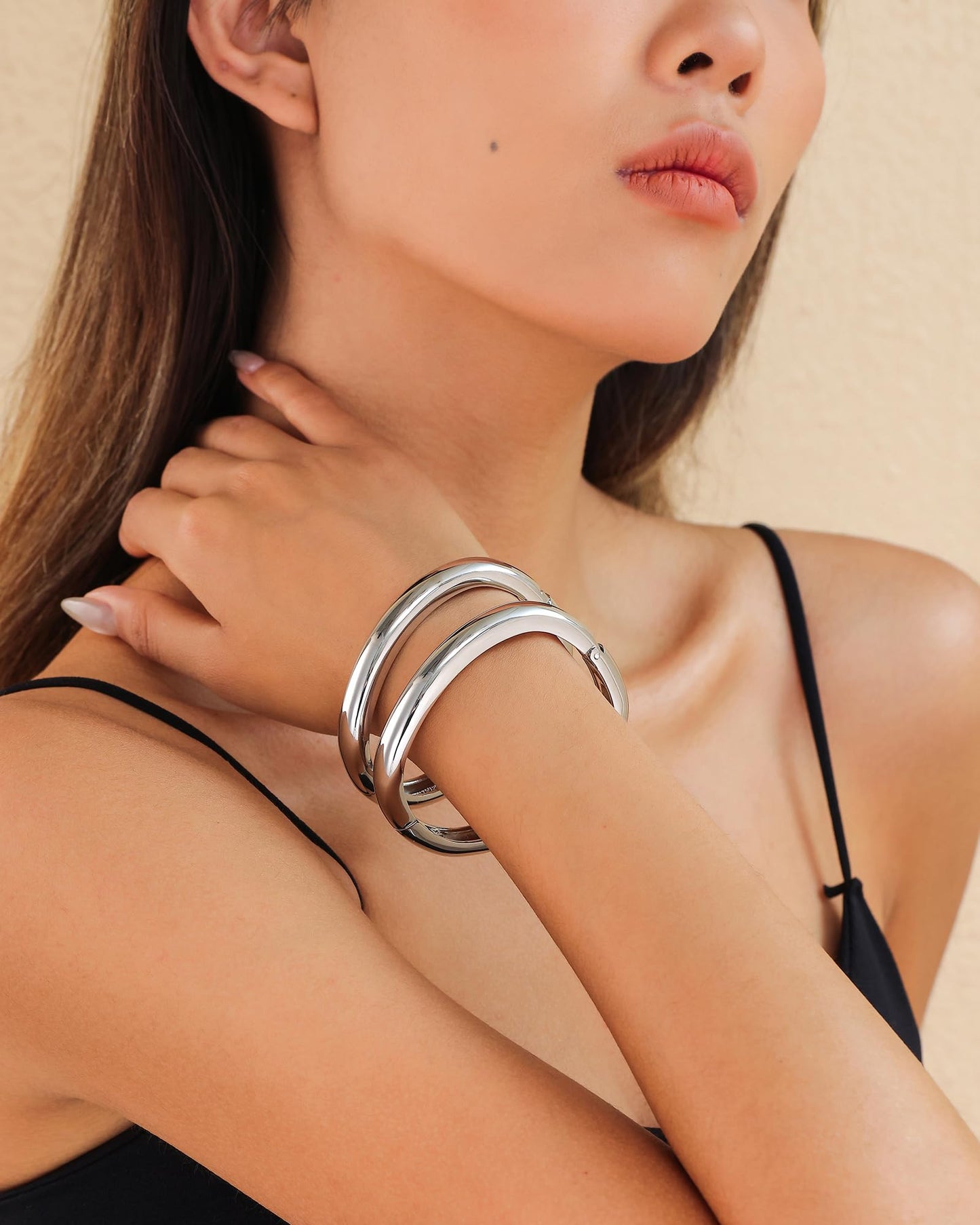 AYWFCBF Silver Bracelets for Women, Trendy Bracelet Stack 2pcs Hinged Open Cuff Silver Bangles for Women