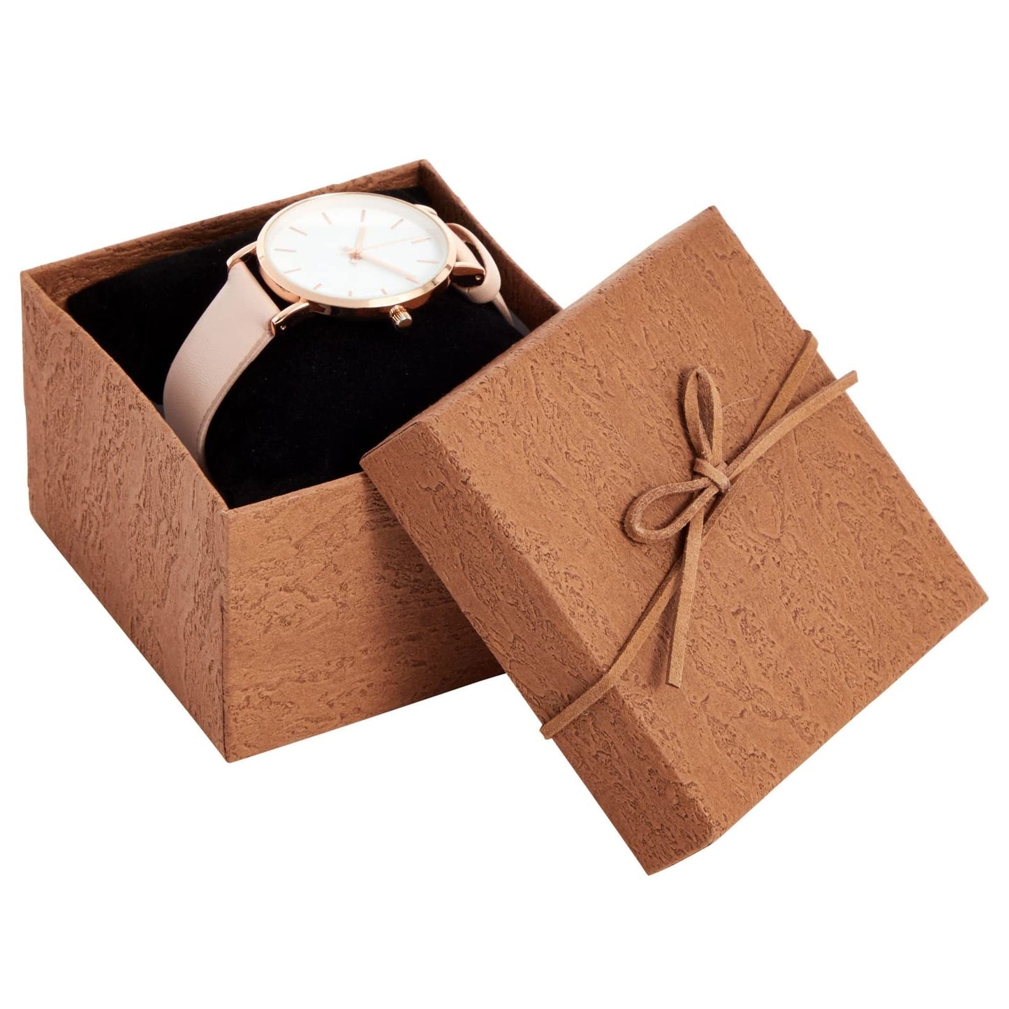 Juvale Bracelet Gift Box 6-Pack - 3.5 x 3.5 x 2.3 in, Brown Country-Rustic Cardboard - Velvet Pillow & Faux Leather Bow Lid - Tiny Jewelry Gift Boxes & Watch Packaging
