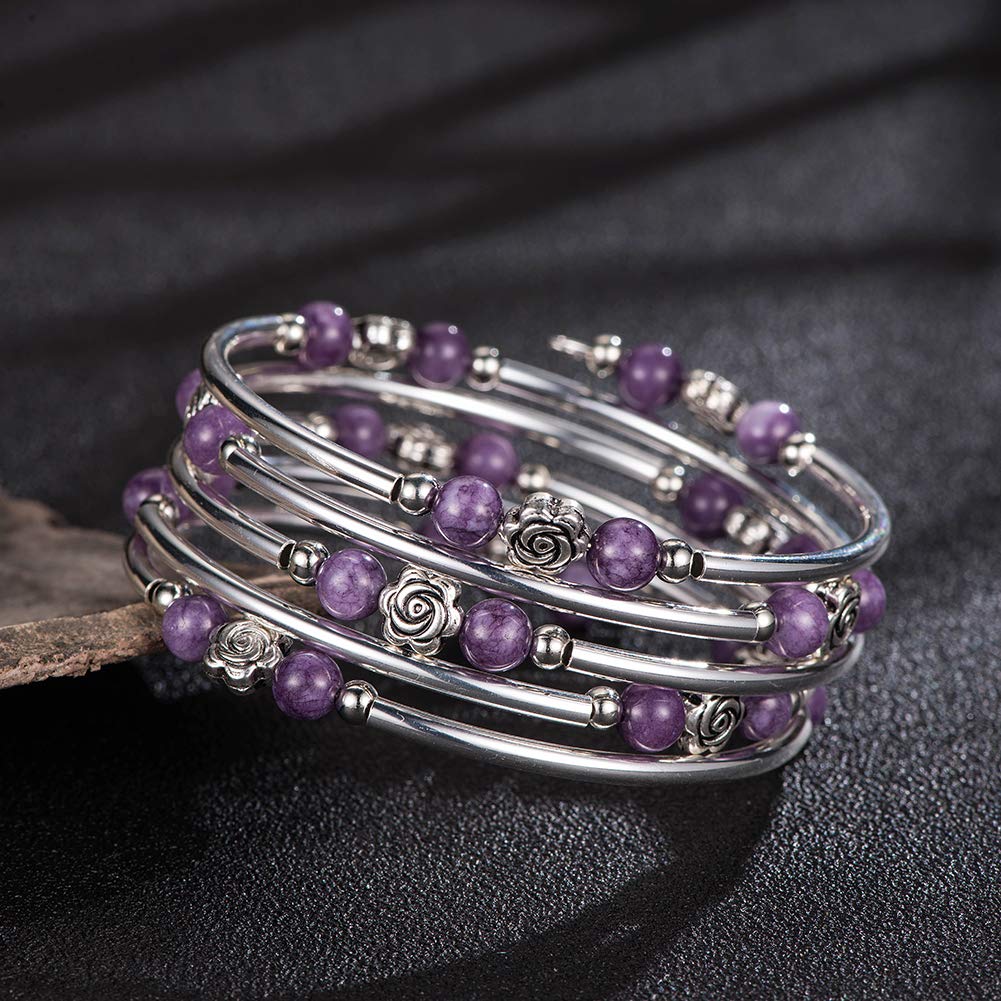 BULINLIN Wrap Bangle Rose Bead Bracelet - Beaded Bracelet with Natural Agate Stone Gifts For Women(01-Purple stone)