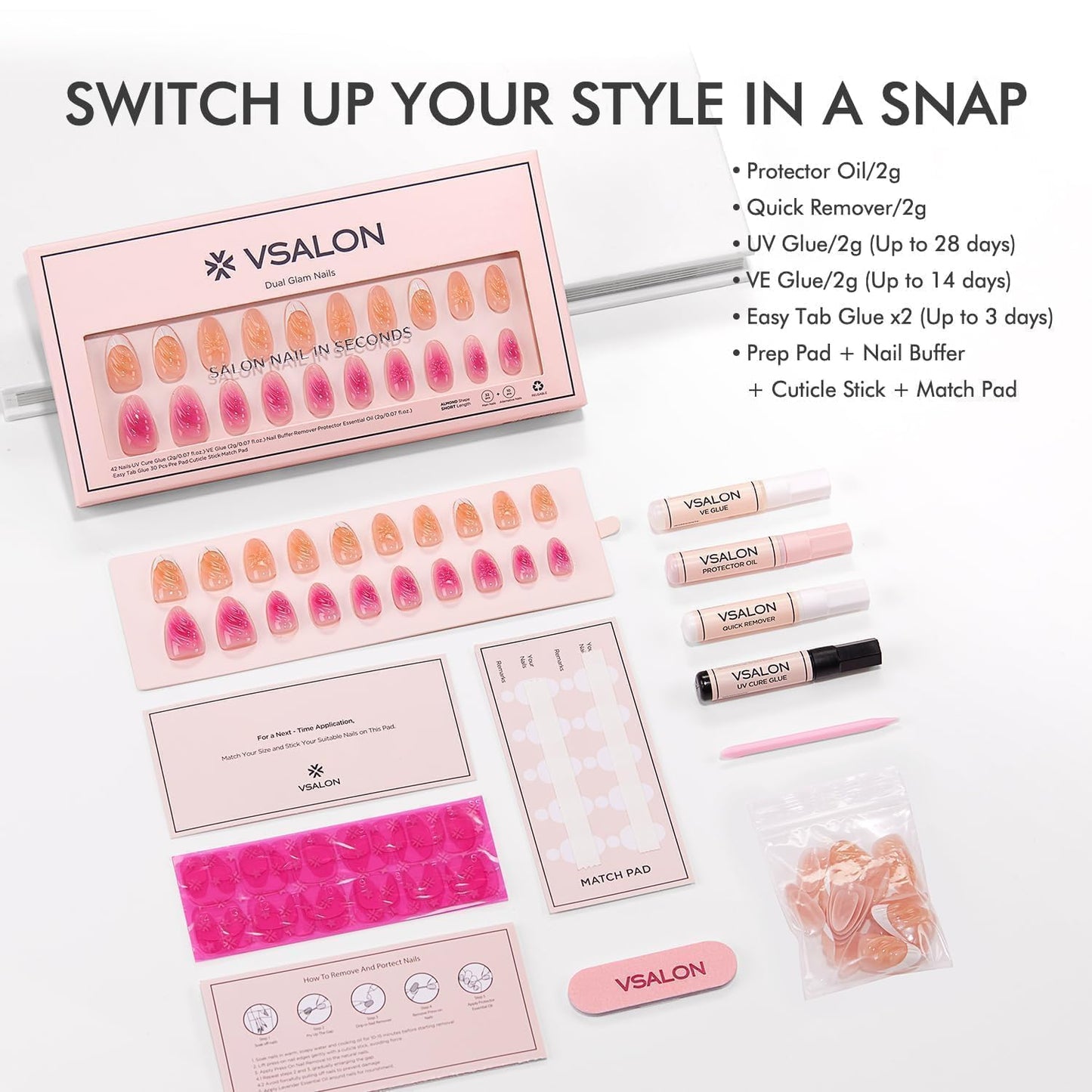 Short Almond Press-On Nails - 32 PCS French Tip Cream Finish Main Nails in 16 Sizes & 10 PCS Alternative Nails - Fake Nail Kit with UV Glue, Easy Tabs, Nail Glue，Remover & Nail Lamp