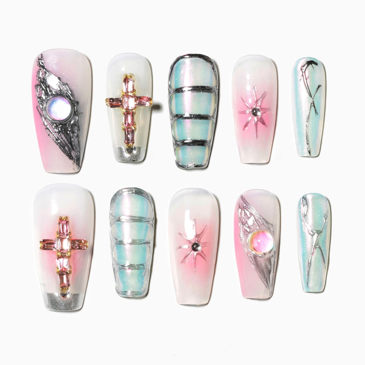 Sun&Beam Nails Handmade Press-on Medium Long Coffin Ballerina Pink Sliver Aurora Rhinestone Y2K Design False Nail Tips 10 Pcs (#137 S)