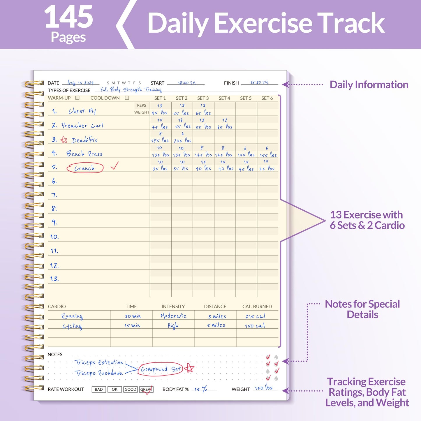 Fitness Journal Workout Planner for Women & Men, A4 (8.5" x 11") Workout Journal Log Book Planner Gift for Track Gym Essentials, Home Workouts, Track Progress, Achieve Wellness Goals, Purple