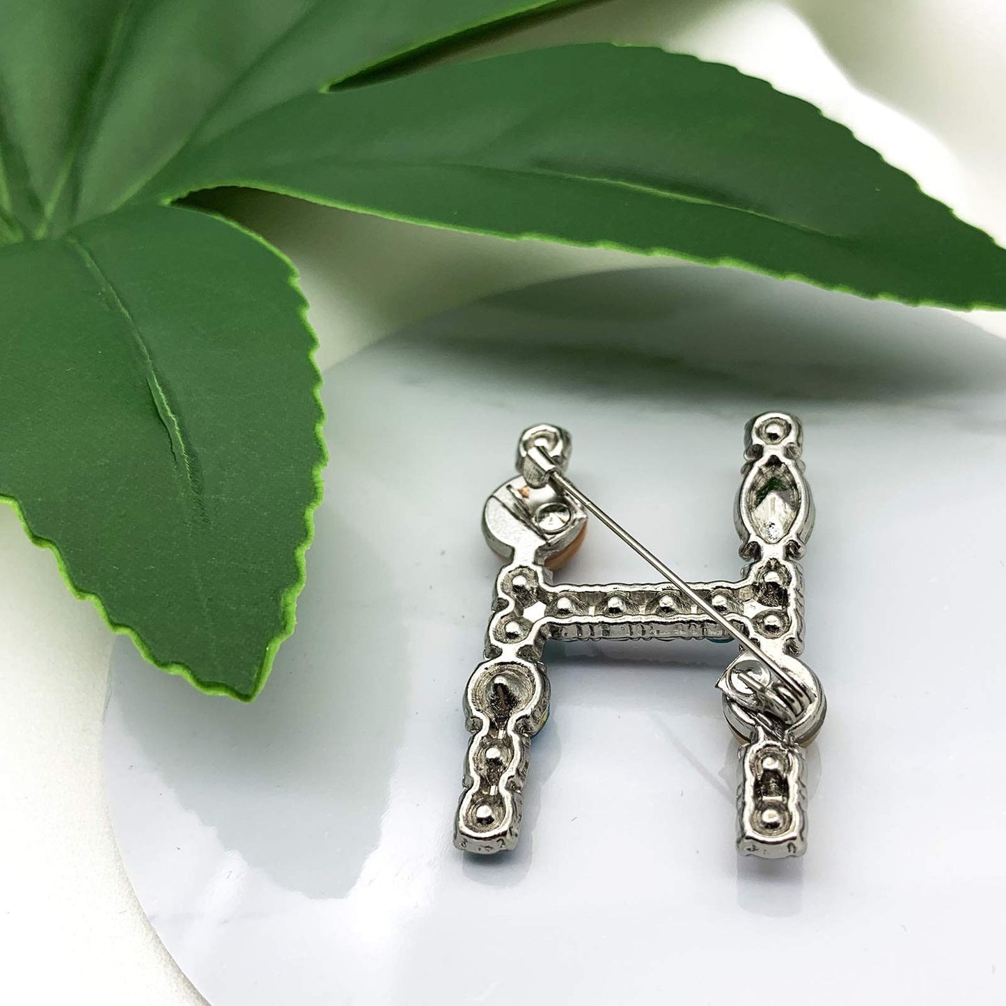XGALBLA Letters H Plated Metal Stone Clear Colorful Crystal Lapel Pin Brooches Collar(Silver Tone)