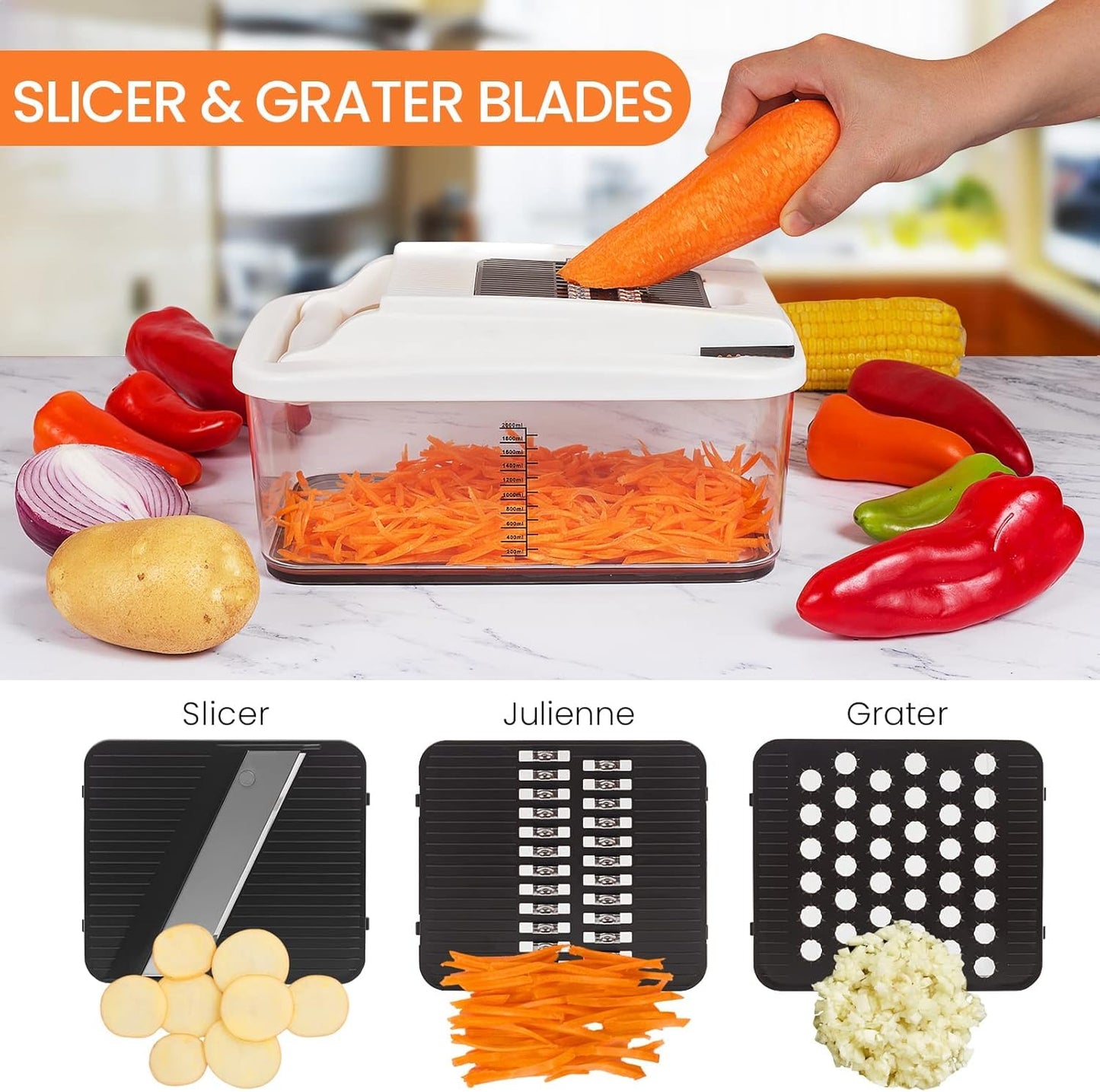 RüK Vegetable Chopper, Extra Large Chopper Vegetable Cutter, Multifunctional 10-in-1 Pro Food Chopper - 6 Blades, 4 Vegetable Spiralizers, E-Recipes - Veggie Chopper with Container