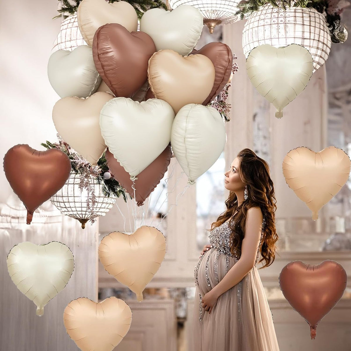 Cream Brown Heart Balloons, 12Pcs Brown Apricot Foil Balloons, Beige Coffee Foil Heart Shape Mylar Balloon 18 Inch Nude Neutral Helium Mylar Balloon for Boho Birthday Baby Shower Wedding Valentine