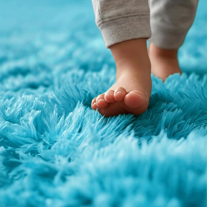 Amdrebio Blue Round Circle Rugs 6Ft for Kids Bedroom, Large Soft Fluffy Area Rug for Teen Girls Boys, Play Room Decor Aesthetic, Plush Shaggy Fuzzy Baby Carpet for Living Room Nursery Classroom Dorm
