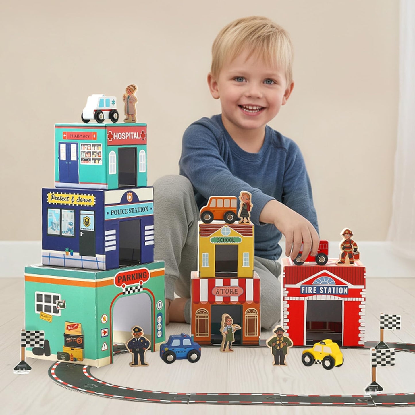 3-in-1 Sorting and Stacking Toys for Toddlers | Wooden Community Helpers, Nesting Boxes & Vehicle Track | Montessori Preschool Learning Toys Gift for 2 3 4 Year Old Boys Girls