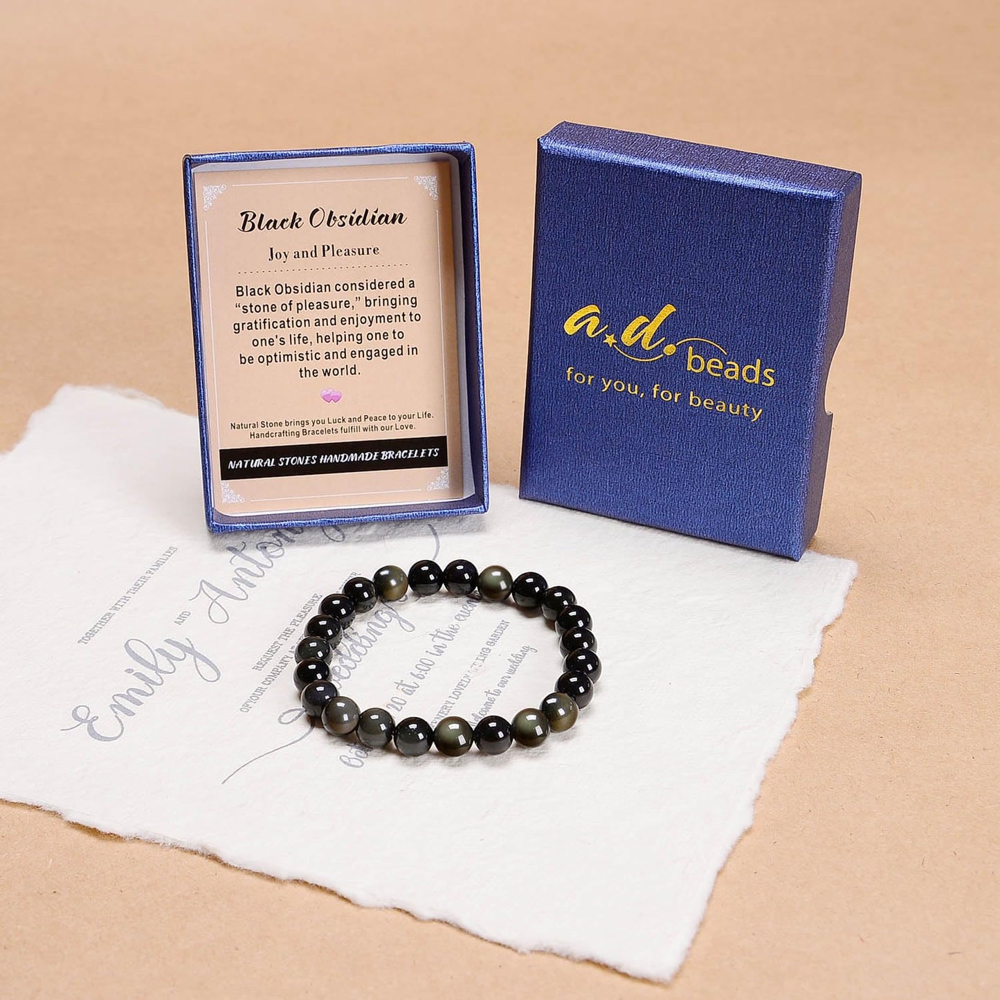 AD Beads Handmade Gemstone Stretch Elastic Bracelet Crystal Healing Reiki Nature's Beauty and Spiritual Essence Unisex (10mm, Black Obsidian (Pleasure))