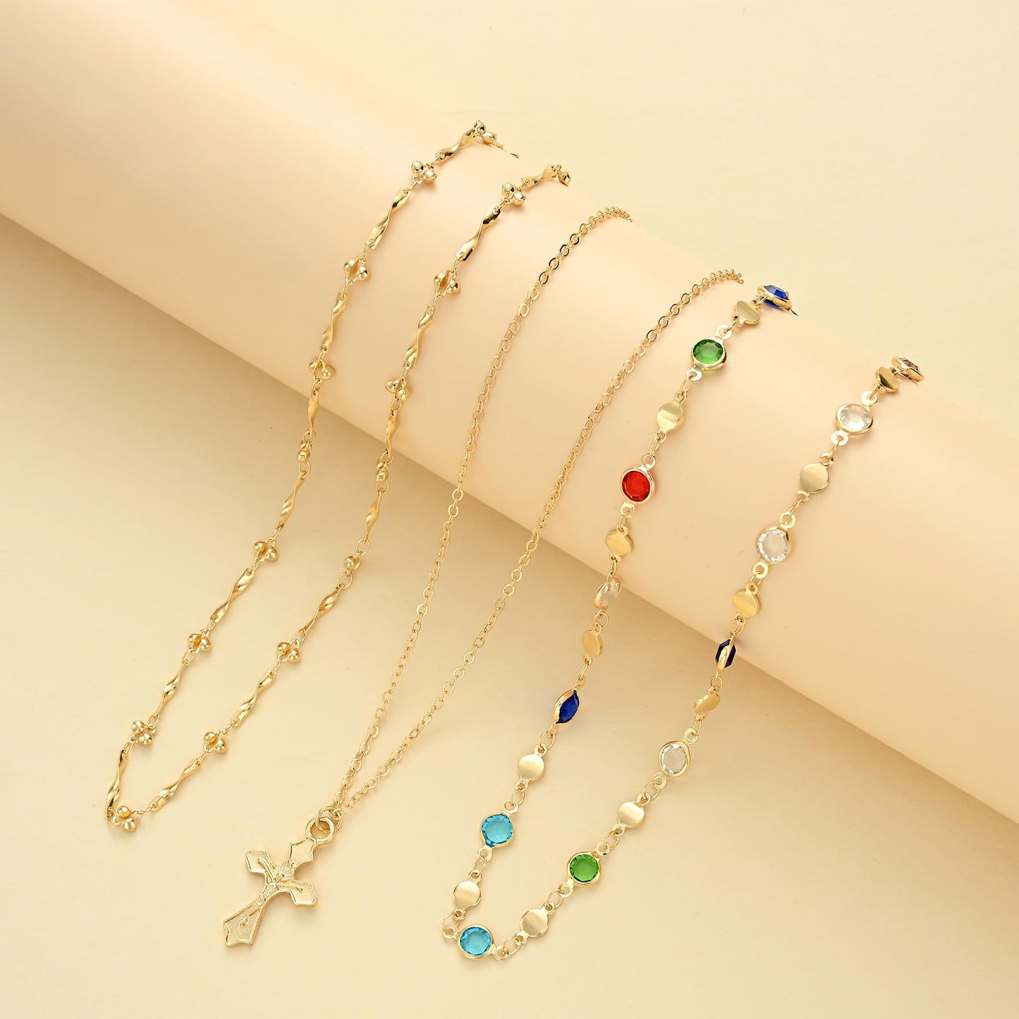 3PCS Layered Gold Cross Necklaces for Women Trendy, Bohemian Bead Pearl Y Long Pendant Necklace Set, Vintage Rosary Necklace Stack Adjustable Length