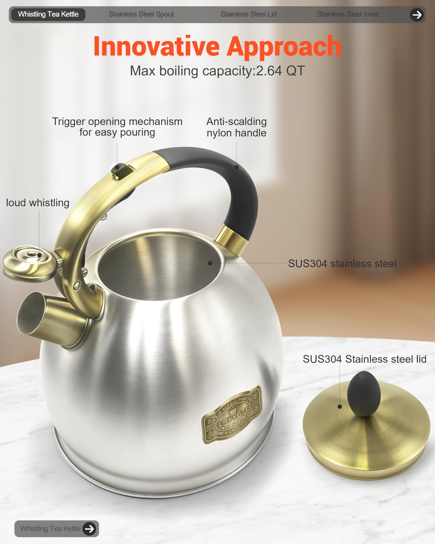 LRYYBTI Stove top Whistling Tea Kettle Food Grade Stainless Steel Teapot of 5-layer base for Camping & Kitchen(Brushed, 2.64 Qt)