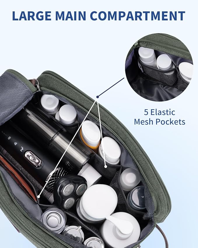 WANDF Toiletry Bag for Men Travel Toiletry Organizer Canvas and Leather Dopp Kit Water-Resistant Shaving Bag for Travel Accessories (Green, Large)