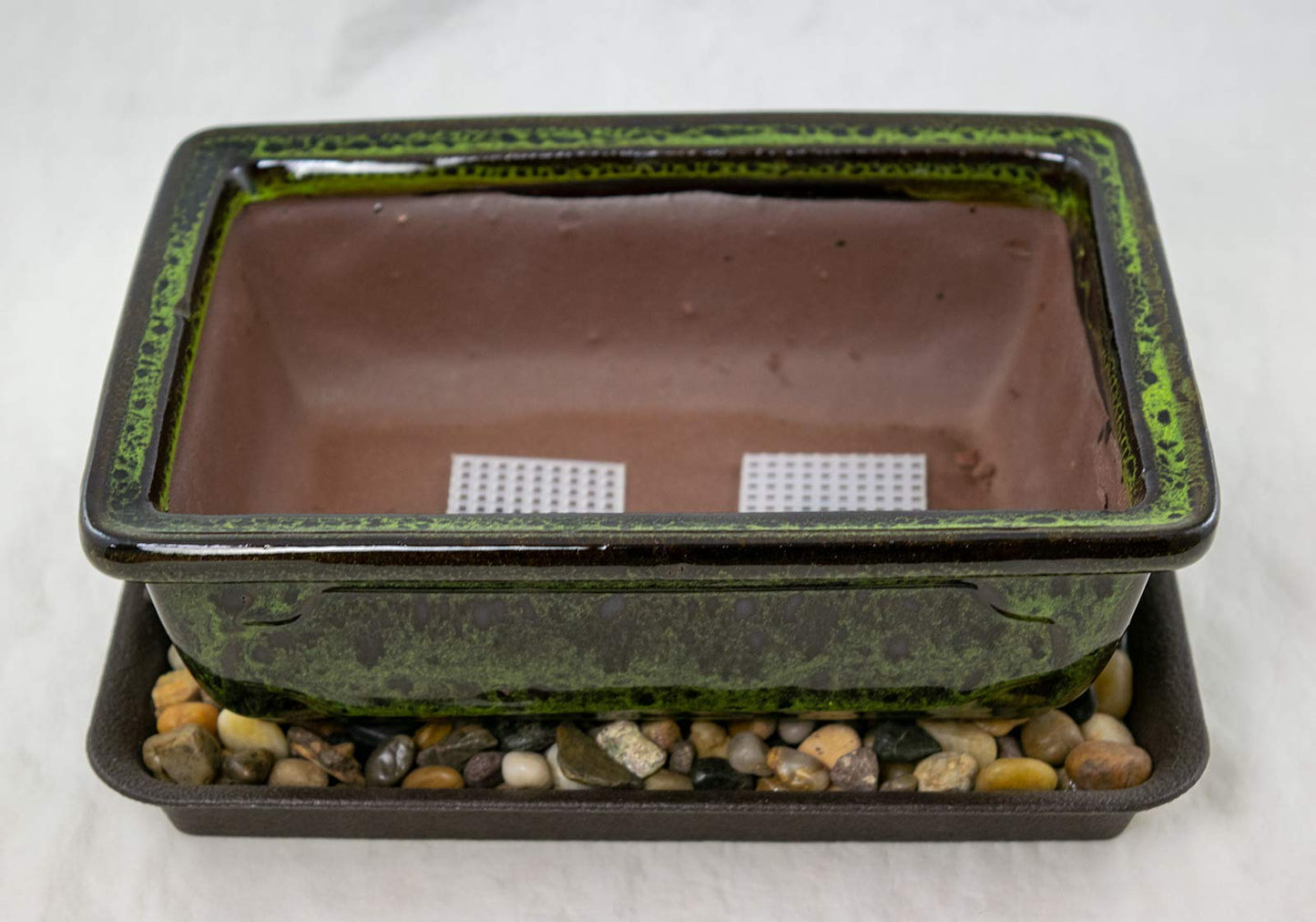 8" Rectangular Moss Green Glazed Bonsai Pot, Cactus & Succulent Planter + Tray + Rock + Mesh Combo