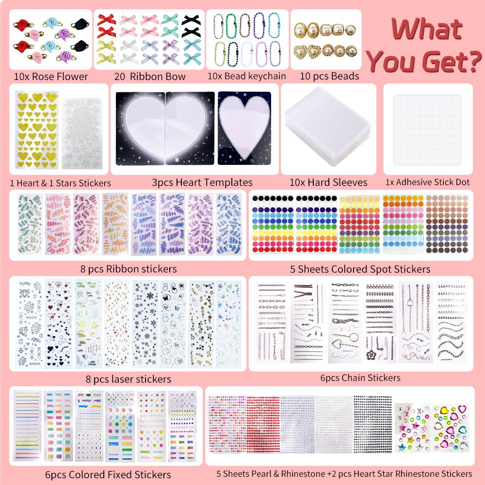 PALM LASHES K-pop DIY Photocard Toploader Decoration Kit – Includes 10pcs Hard Photocard Holder Sleeve 3D Flowers & Ribbon Bows, Stickers, and 3D Sticker for Card Trading