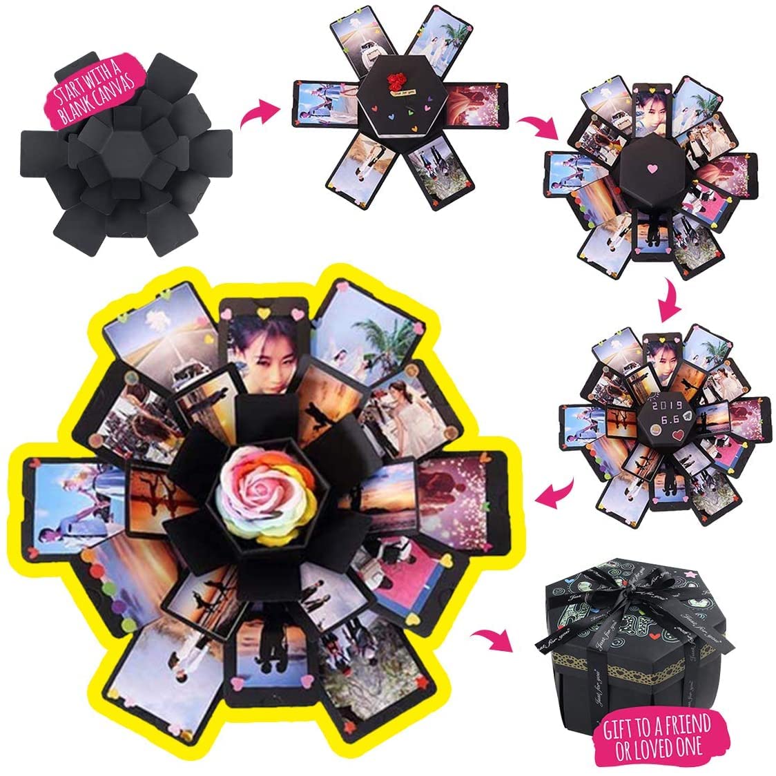 Explosion Gift Box 6 Faces - Custom Gifts for Boyfriend, Creative Handmade DIY Photo Album Scrapbook, 18.5x18.5 Inch Surprise Birthday, Valentine's Day or Wedding Memory Box