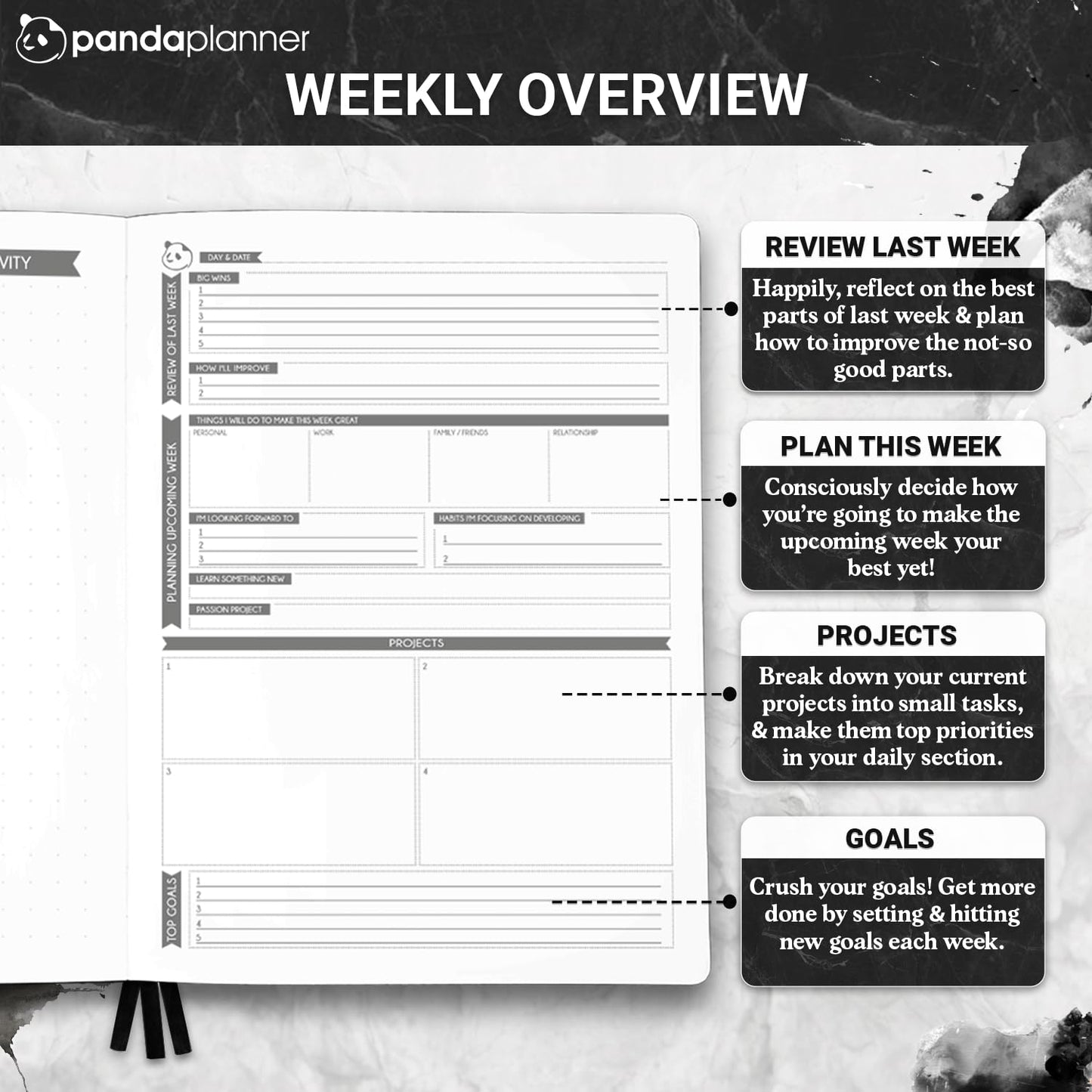 Panda Planner Weekly 2026, Undated Weekly Planner for Office, School & Home – 8"x11" Soft Vegan Leather Organizer Notebook with To-Do Lists, Habit Tracker, Notes & Agenda – Black